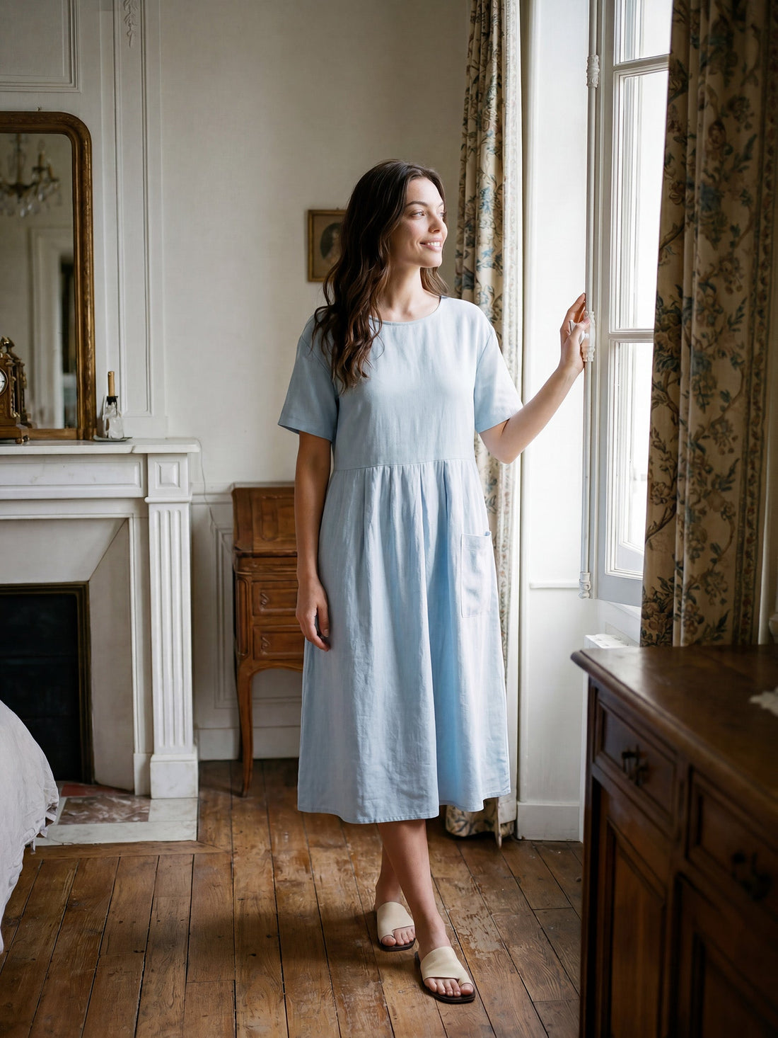 100% Linen Short Sleeve A-Line Midi Dress