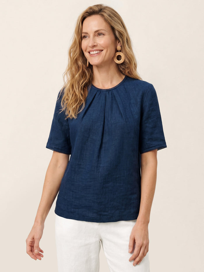 94% Linen Pintuck Lace-Trim Round-Neck Blouse