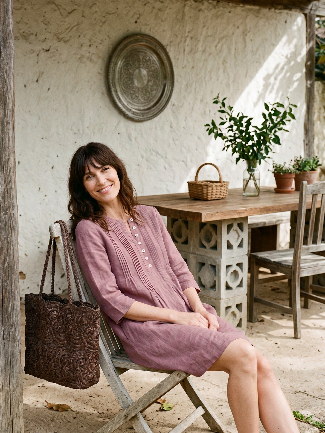 100% Linen Round Neck Mini Dress with Pockets