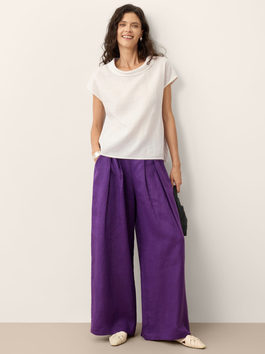 100% Linen Pleated High Rise Wide Leg Pants