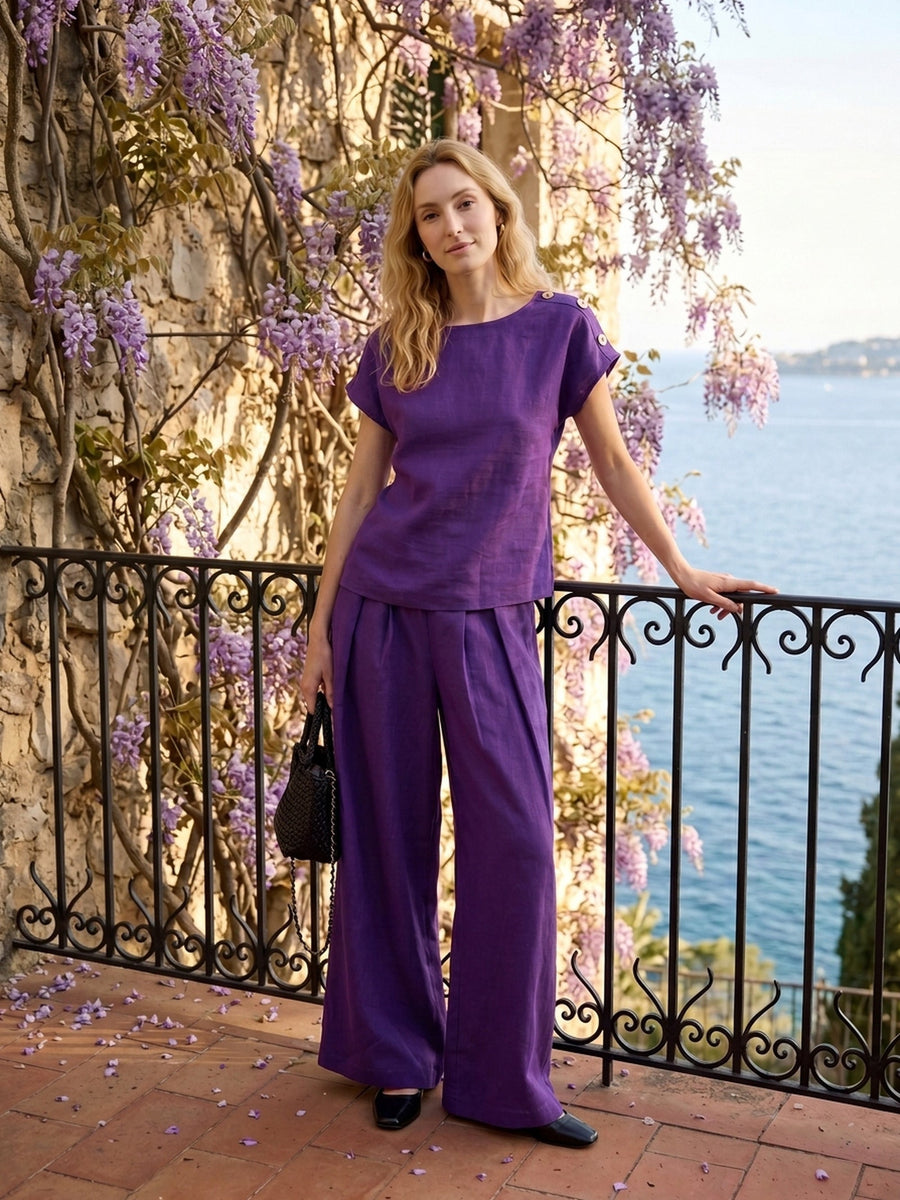 100% Linen Pleated High Rise Wide Leg Pants