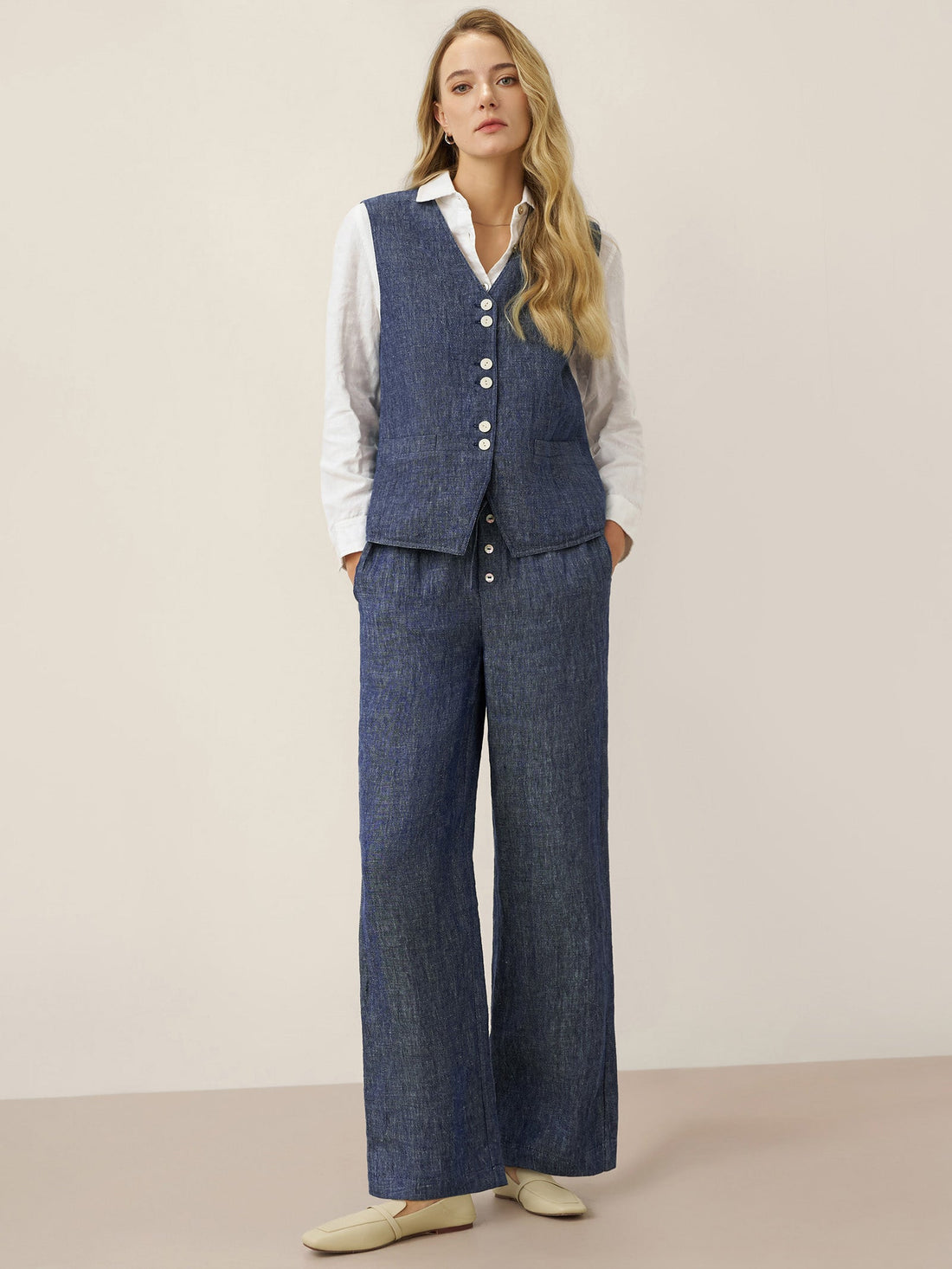 100% Linen Reversible Denim-Texture V-Neck Vest