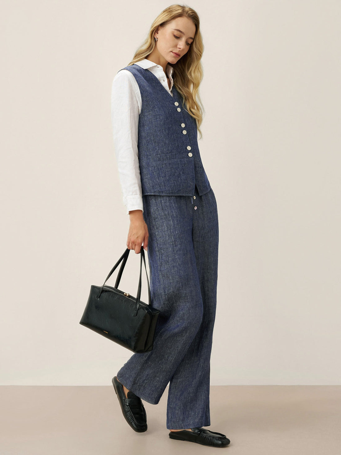 100% Linen Reversible Denim-Texture V-Neck Vest