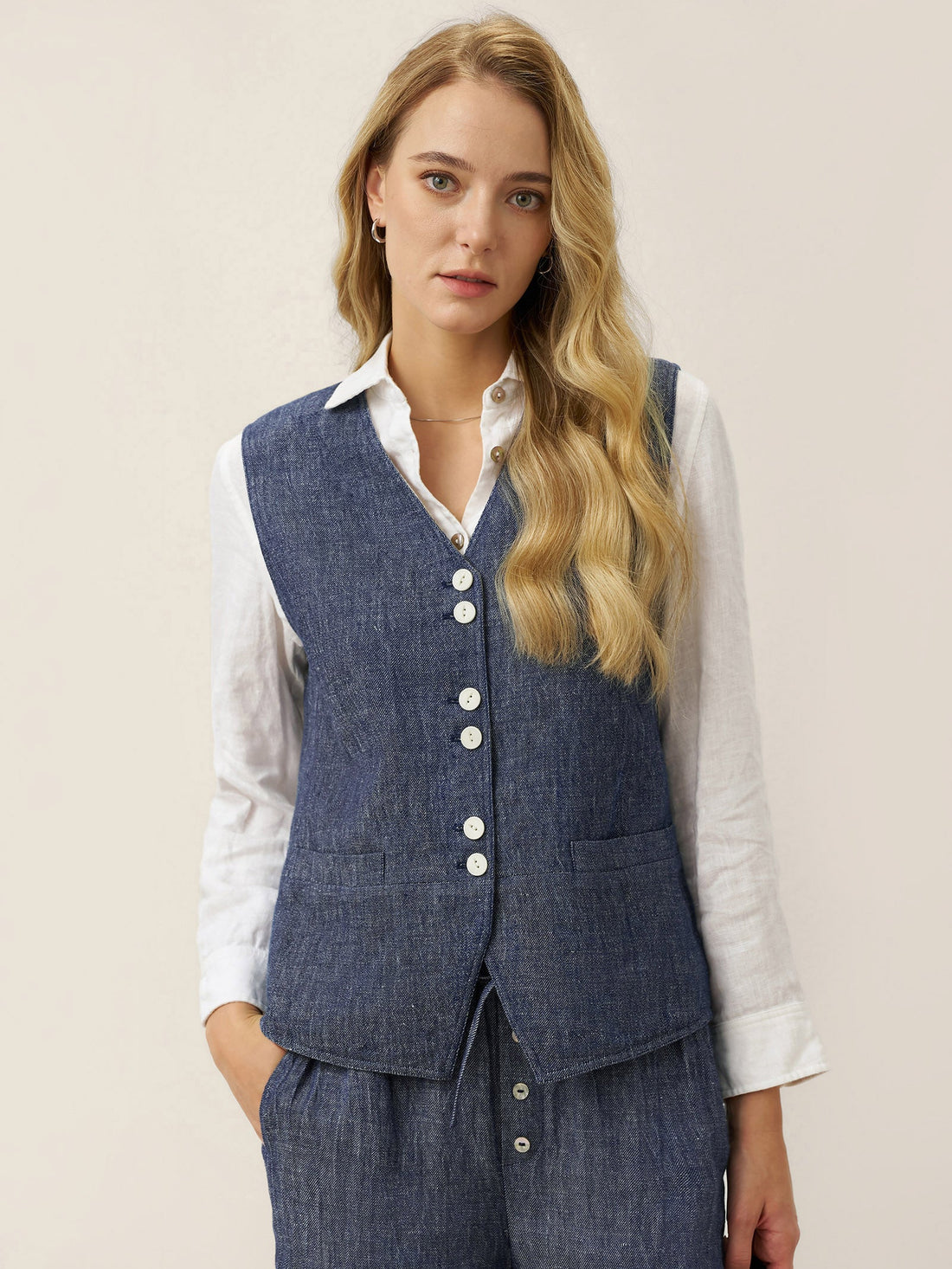 100% Linen Reversible Denim-Texture V-Neck Vest