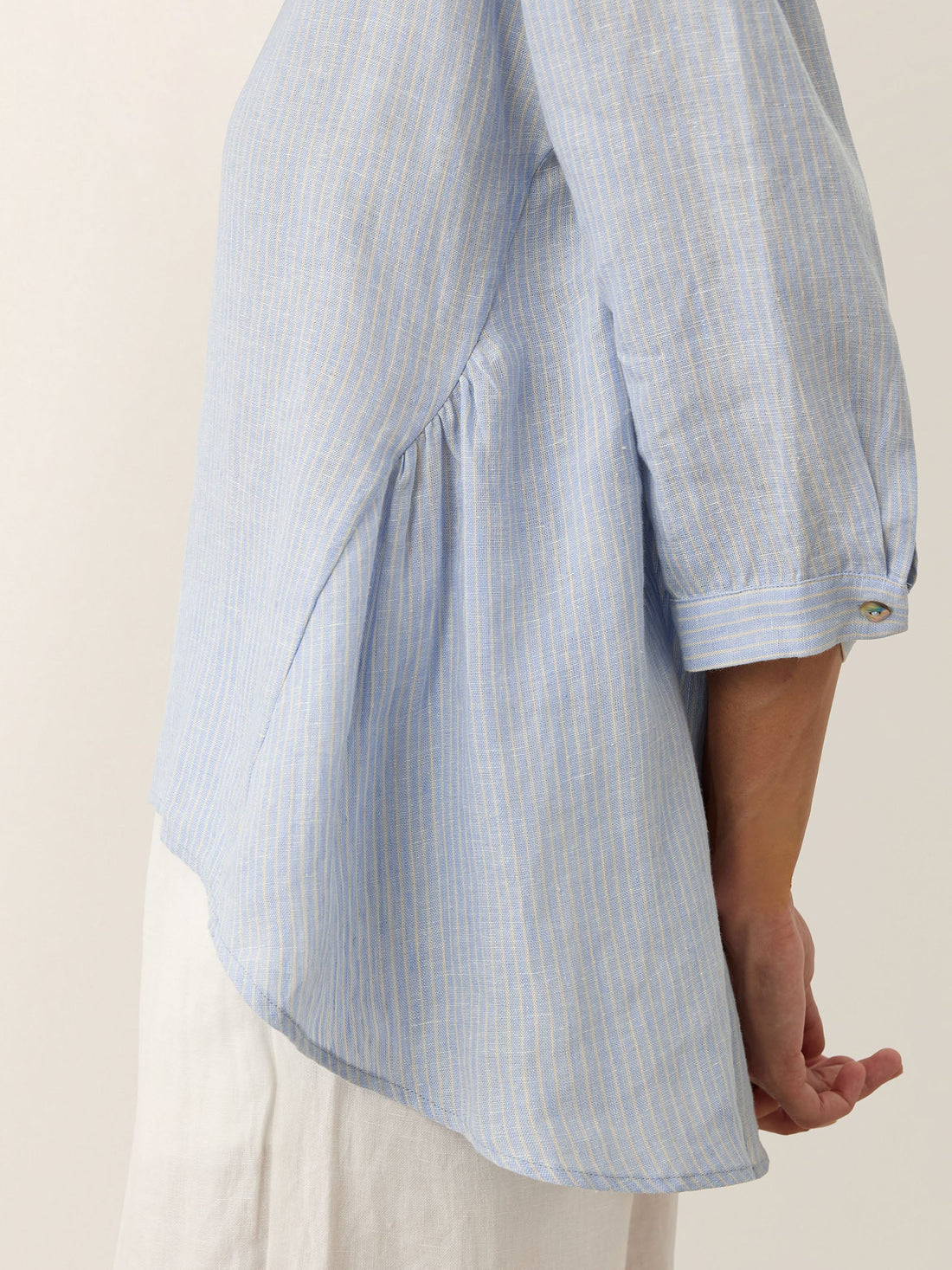 100% Linen Ruched Round Neck Blouse