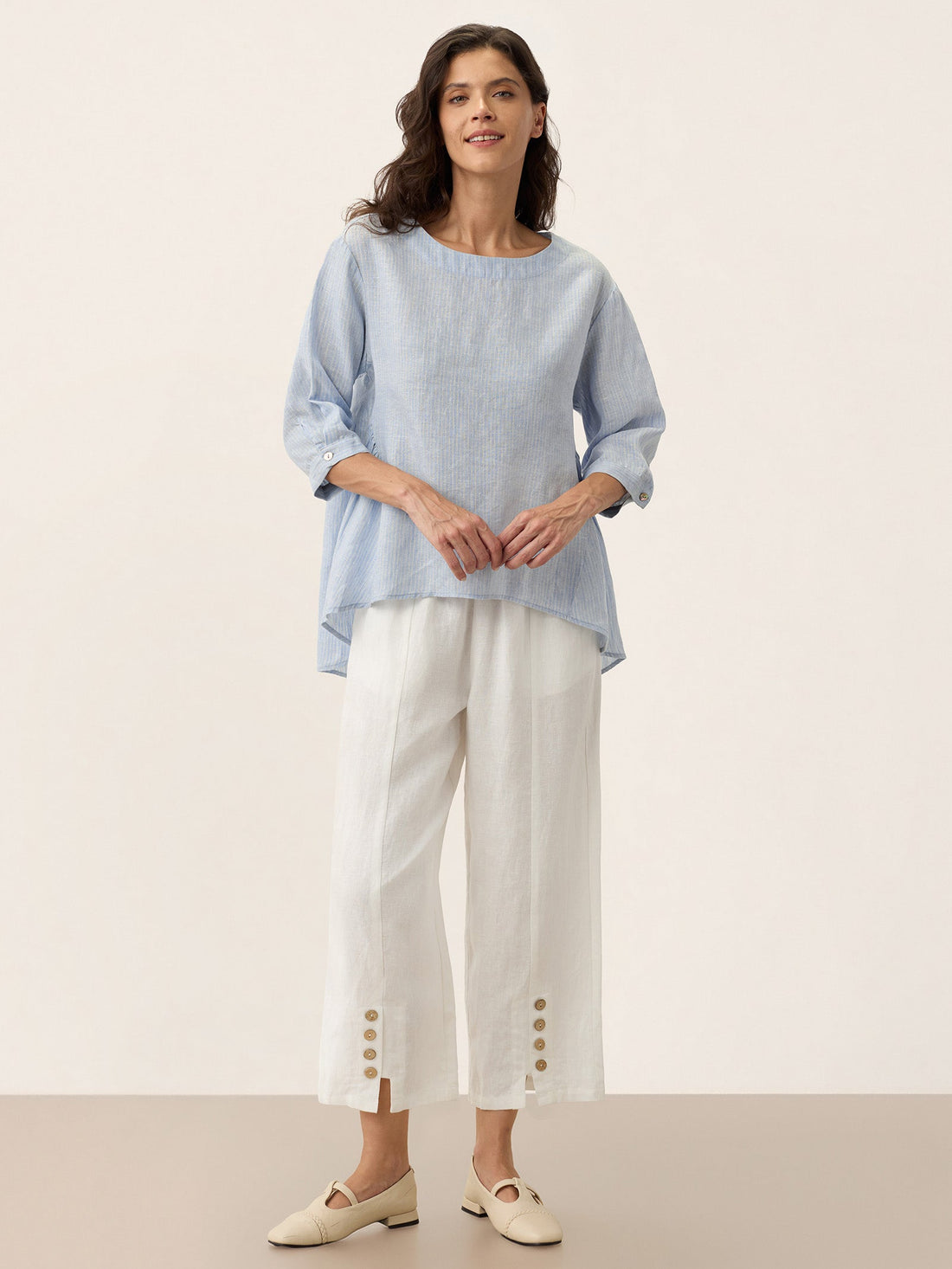 100% Linen Ruched Round Neck Blouse