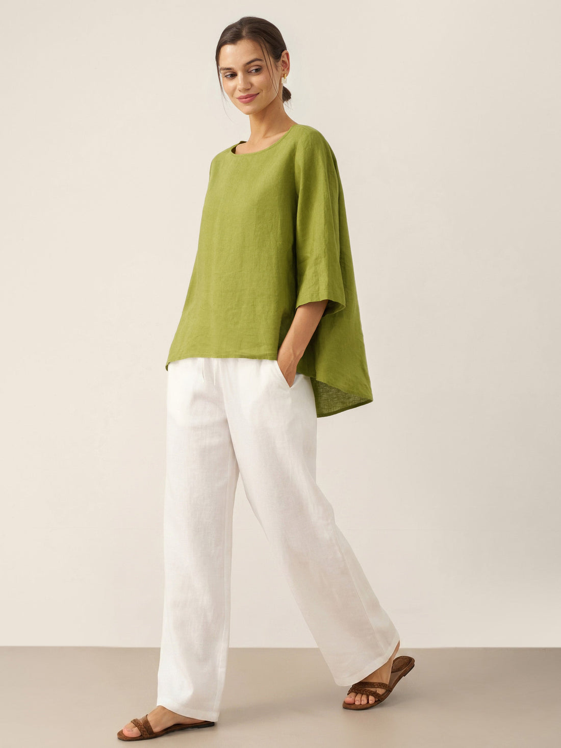 100% Linen Round Neck Half-Sleeve Blouse
