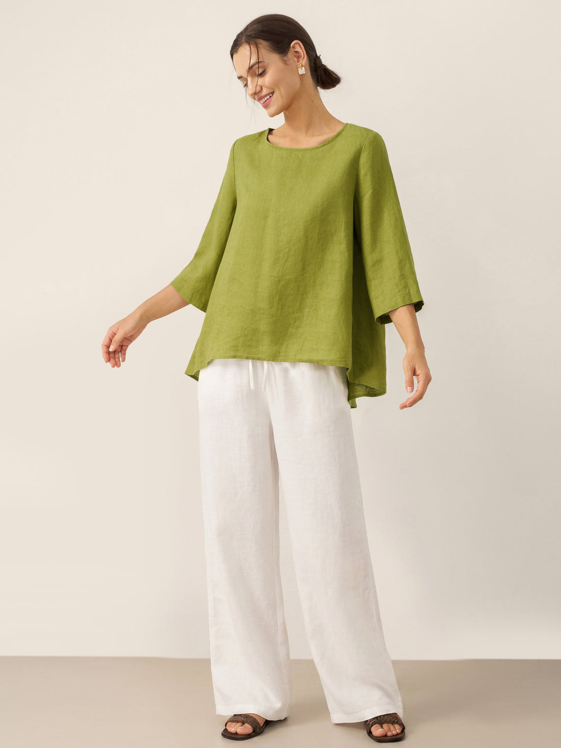 100% Linen Round Neck Half-Sleeve Blouse