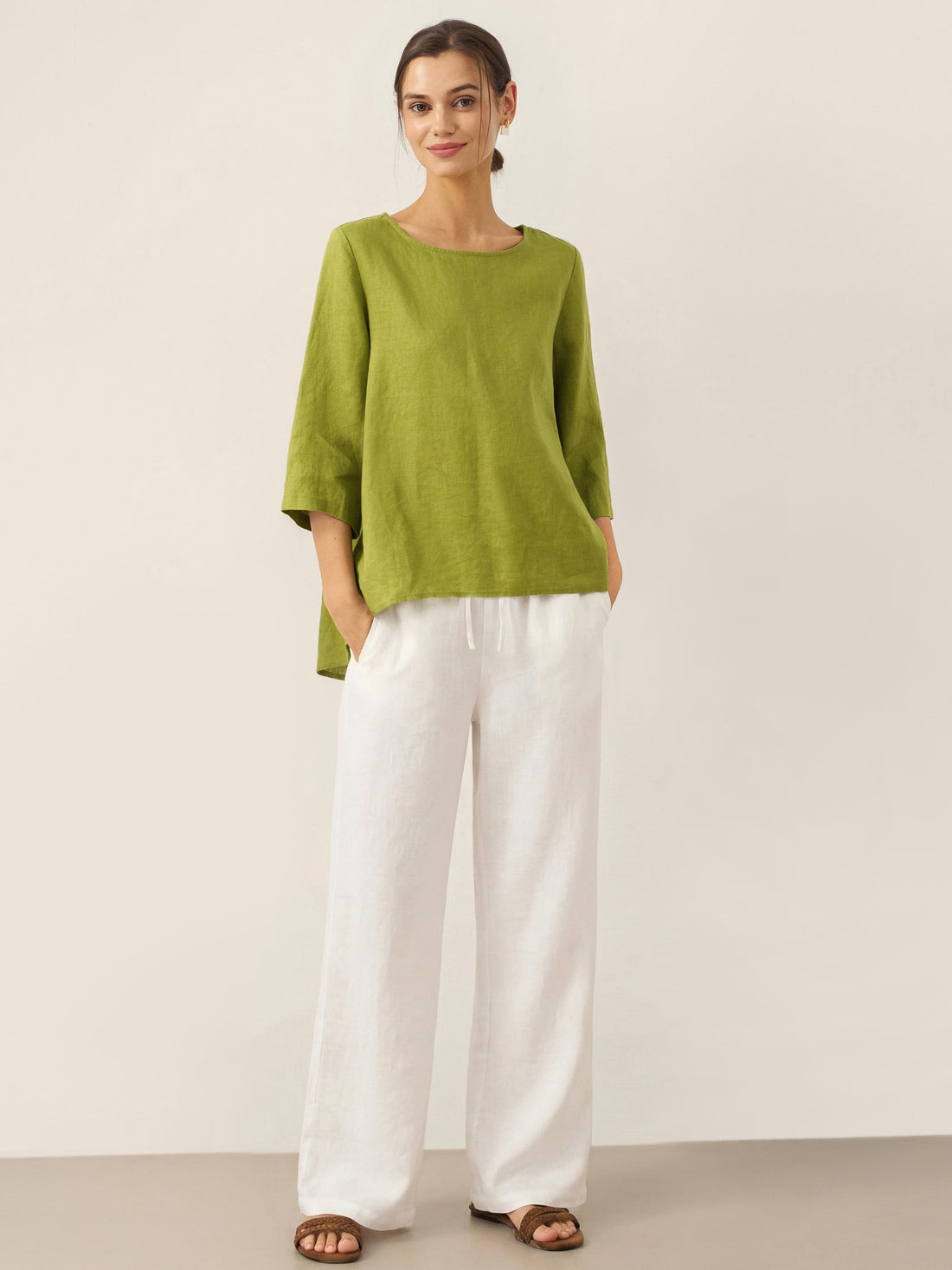 100% Linen Round Neck Half-Sleeve Blouse