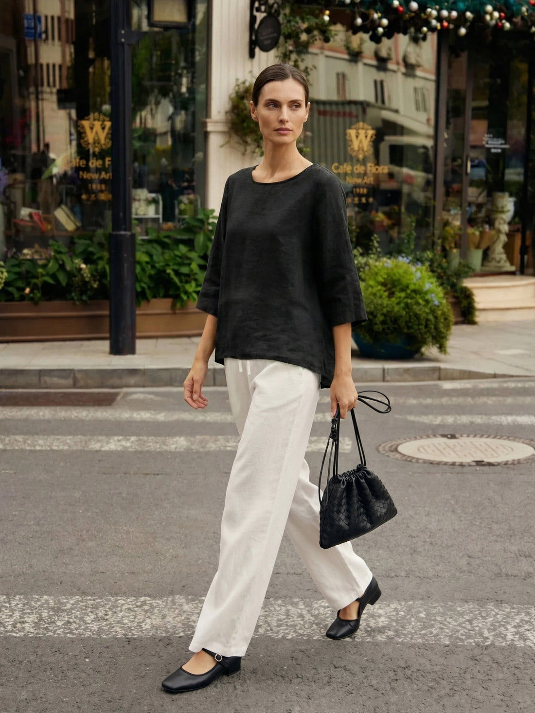 100% Linen Round Neck Half-Sleeve Blouse