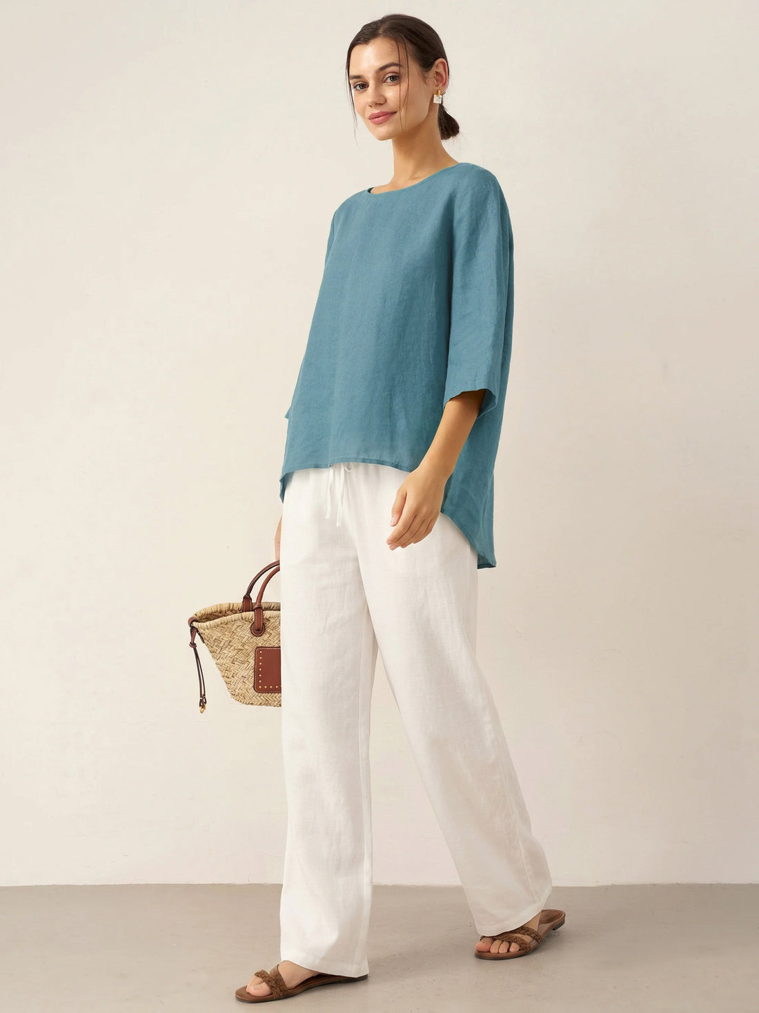 100% Linen Round Neck Half-Sleeve Blouse