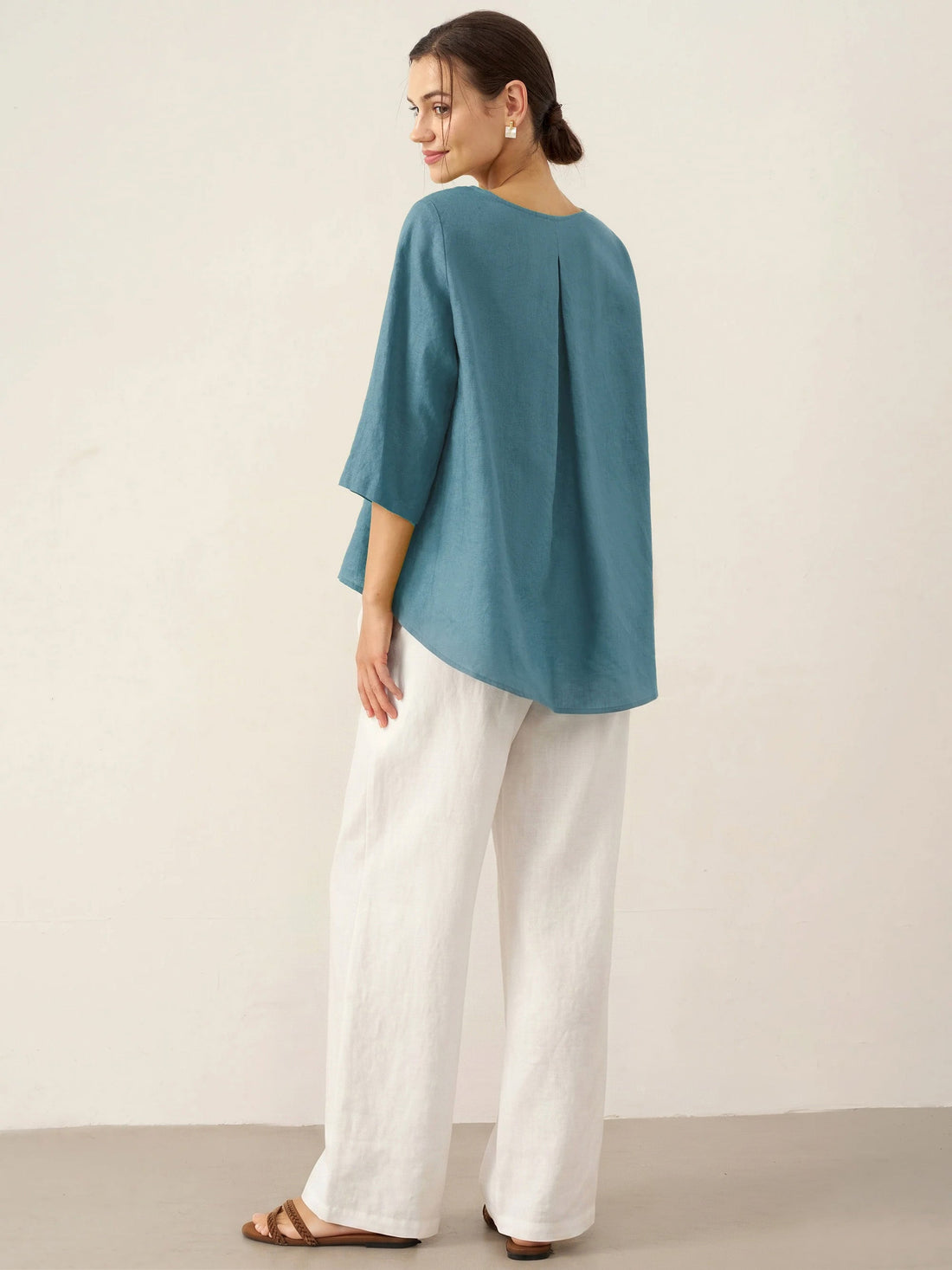 100% Linen Round Neck Half-Sleeve Blouse