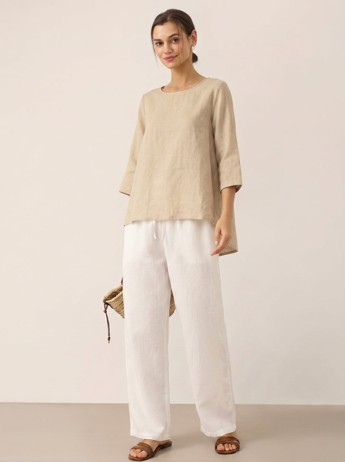 100% Linen Round Neck Half-Sleeve Blouse