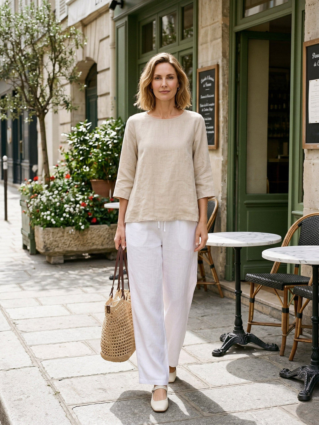 100% Linen Round Neck Half-Sleeve Blouse