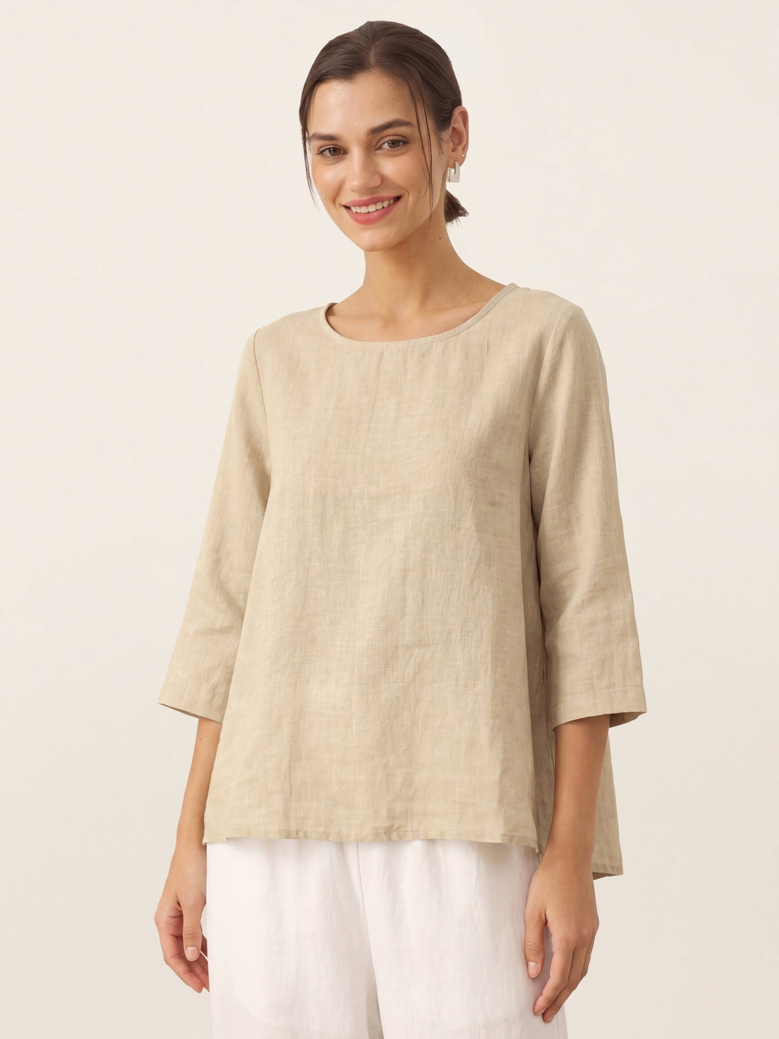100% Linen Round Neck Half-Sleeve Blouse