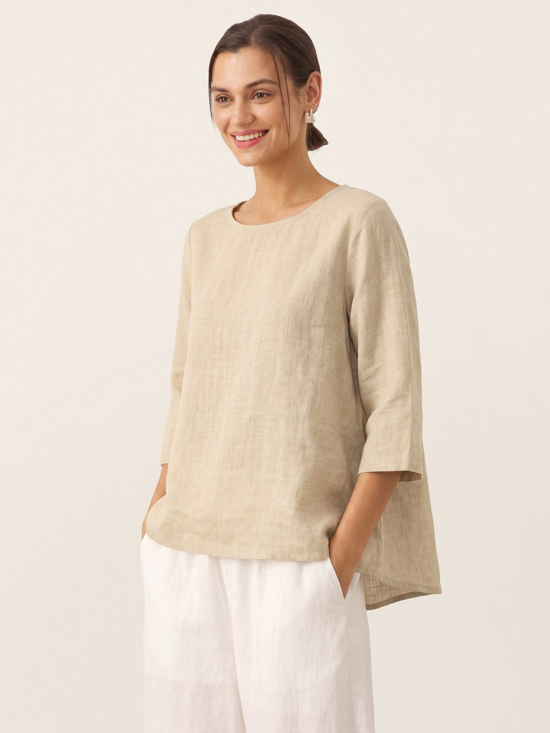 100% Linen Round Neck Half-Sleeve Blouse