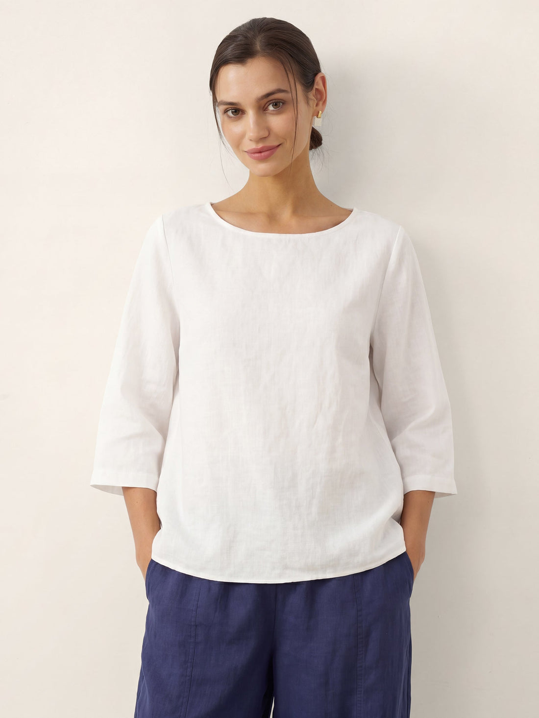 100% Linen Round Neck Half-Sleeve Blouse