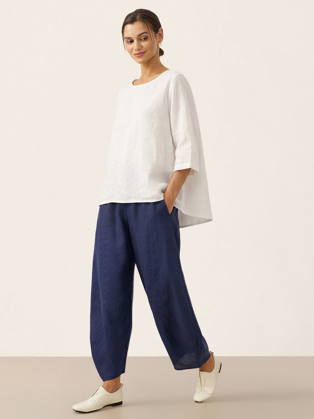 100% Linen Round Neck Half-Sleeve Blouse