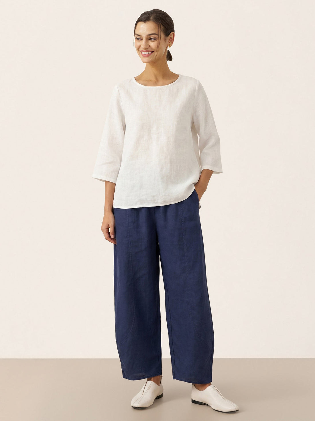 100% Linen Round Neck Half-Sleeve Blouse