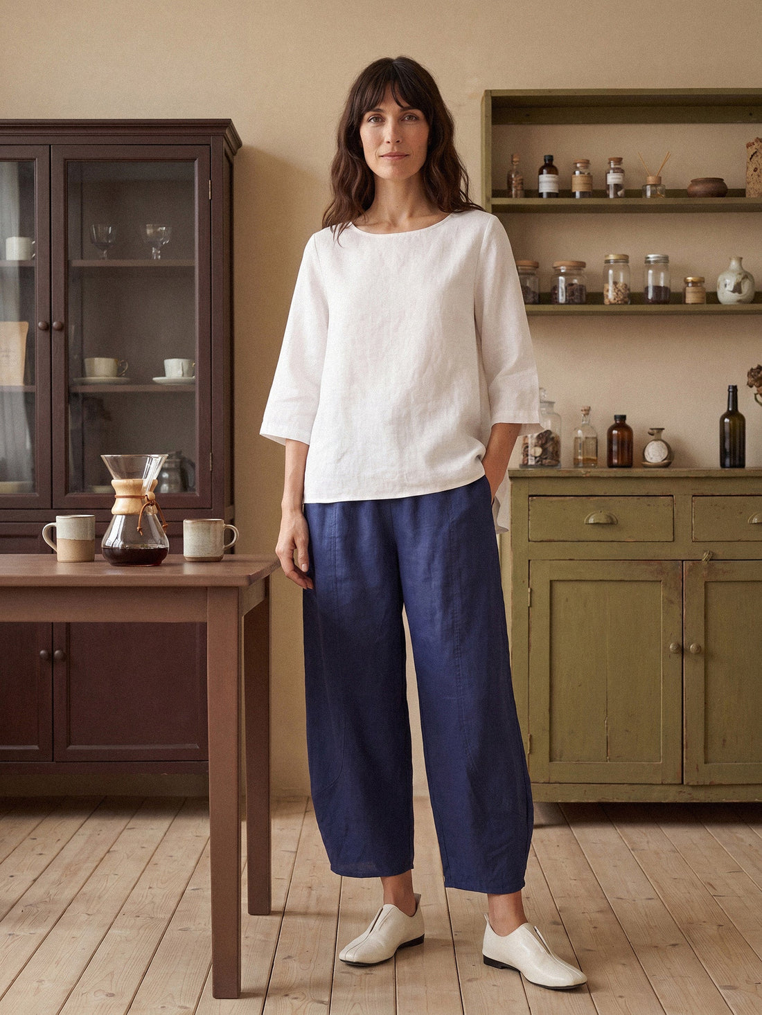 100% Linen Round Neck Half-Sleeve Blouse