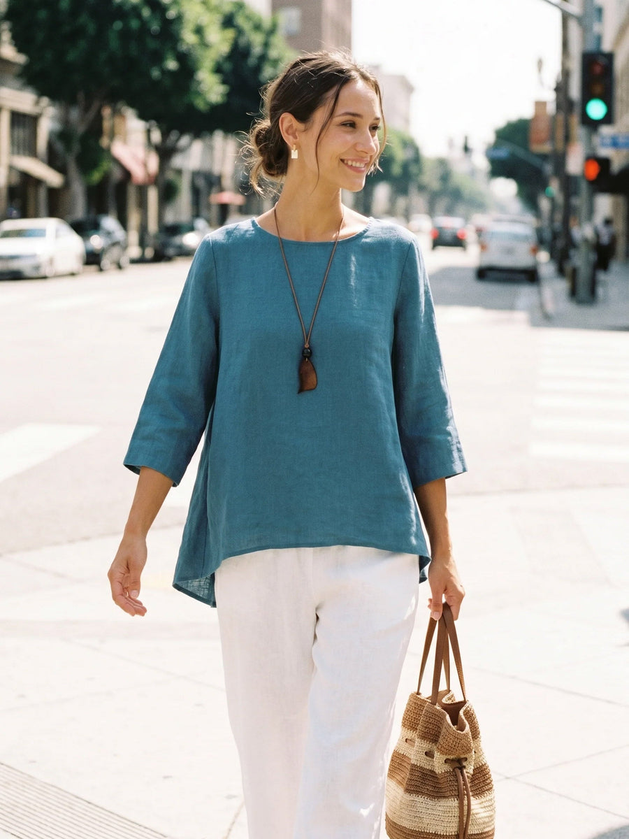 100% Linen Round Neck Half-Sleeve Blouse