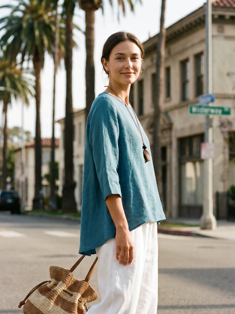 100% Linen Round Neck Half-Sleeve Blouse