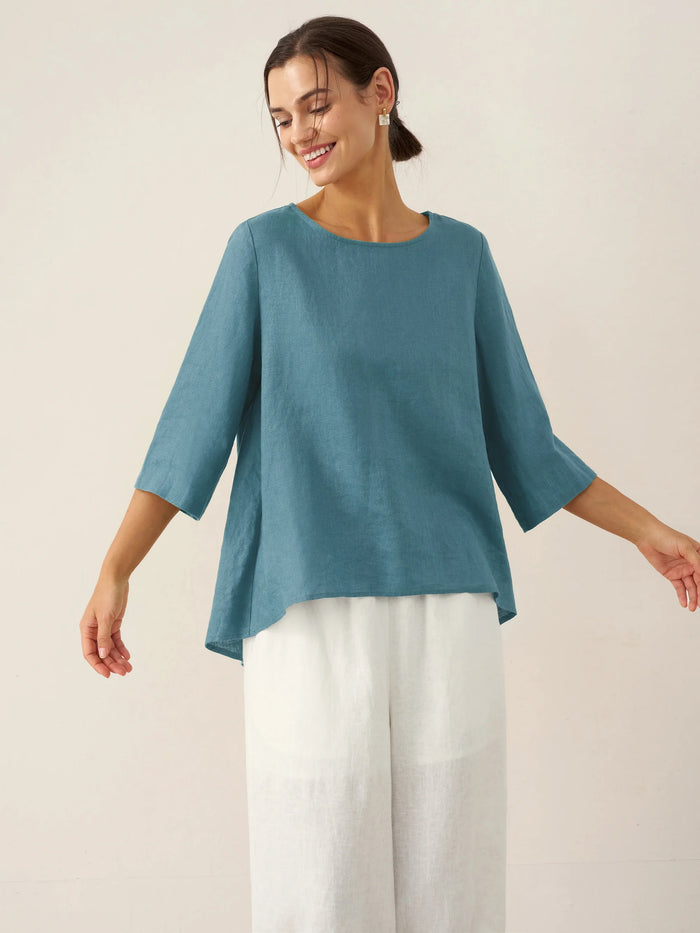 100% Linen Round Neck Half-Sleeve Blouse