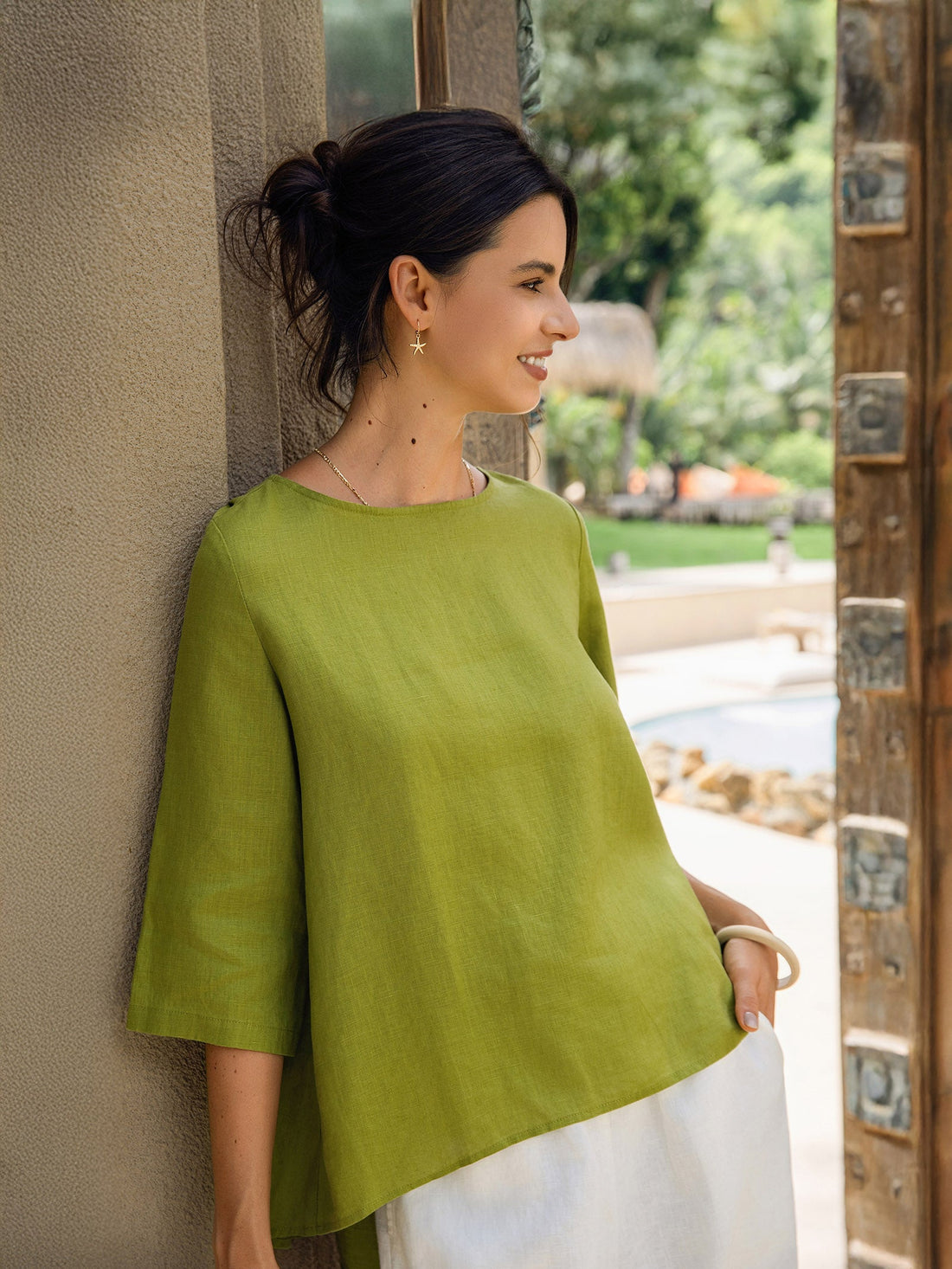100% Linen Round Neck Half-Sleeve Blouse
