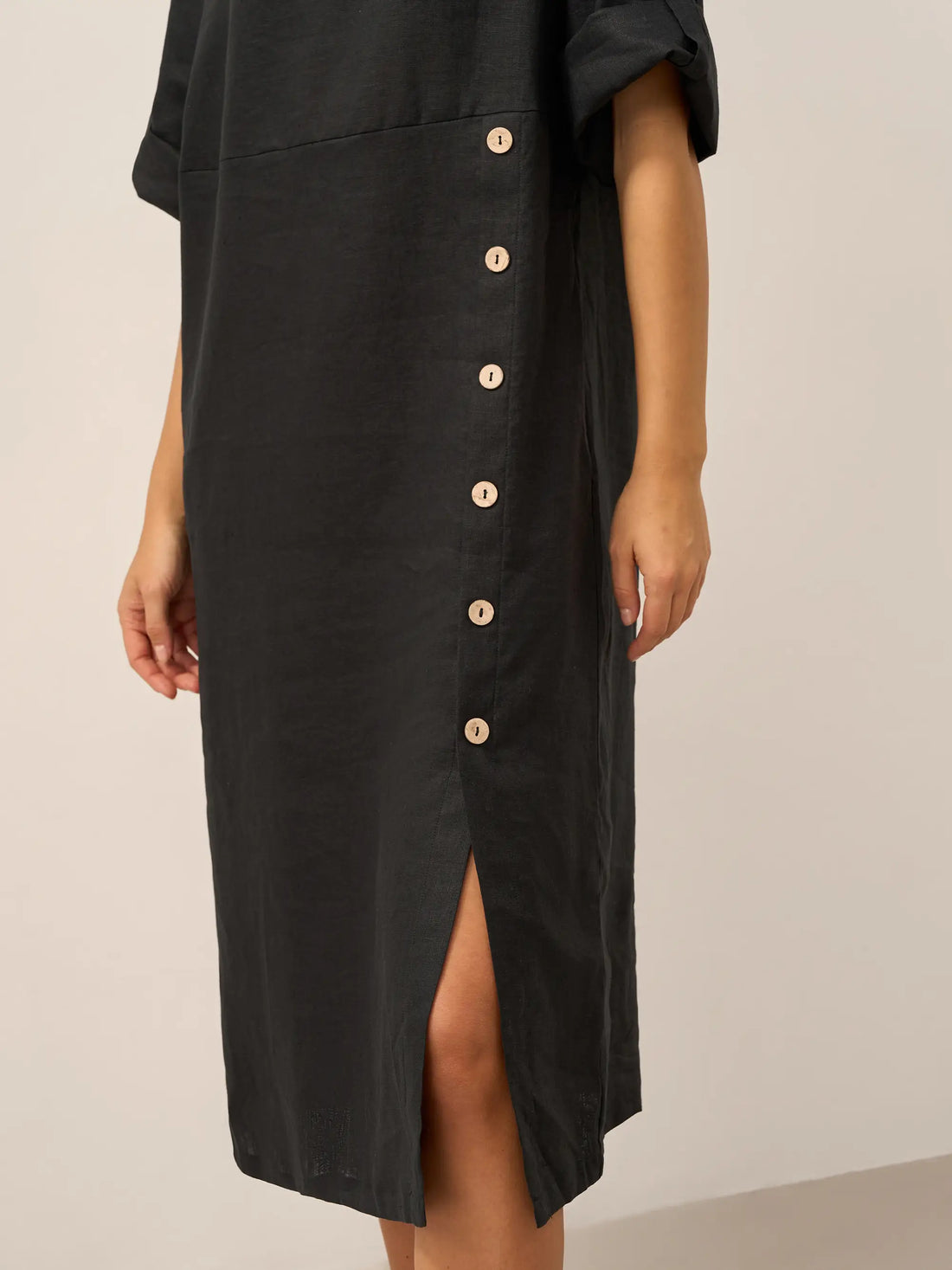 100% Linen Asymmetric Round Neck Midi Dress