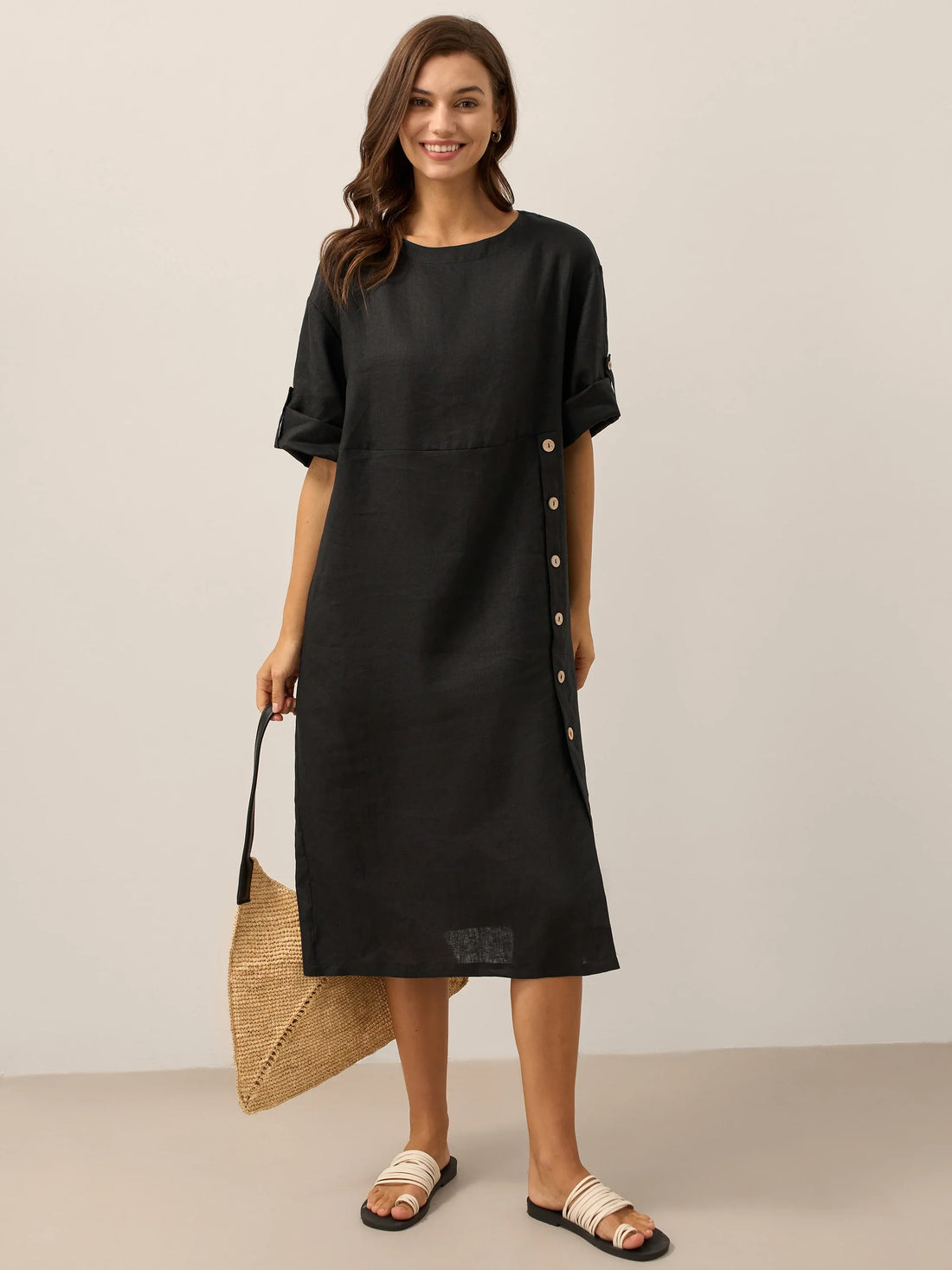 100% Linen Asymmetric Round Neck Midi Dress