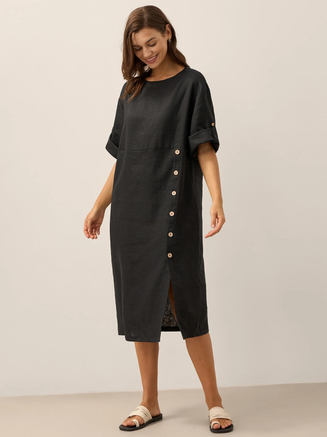 100% Linen Asymmetric Round Neck Midi Dress