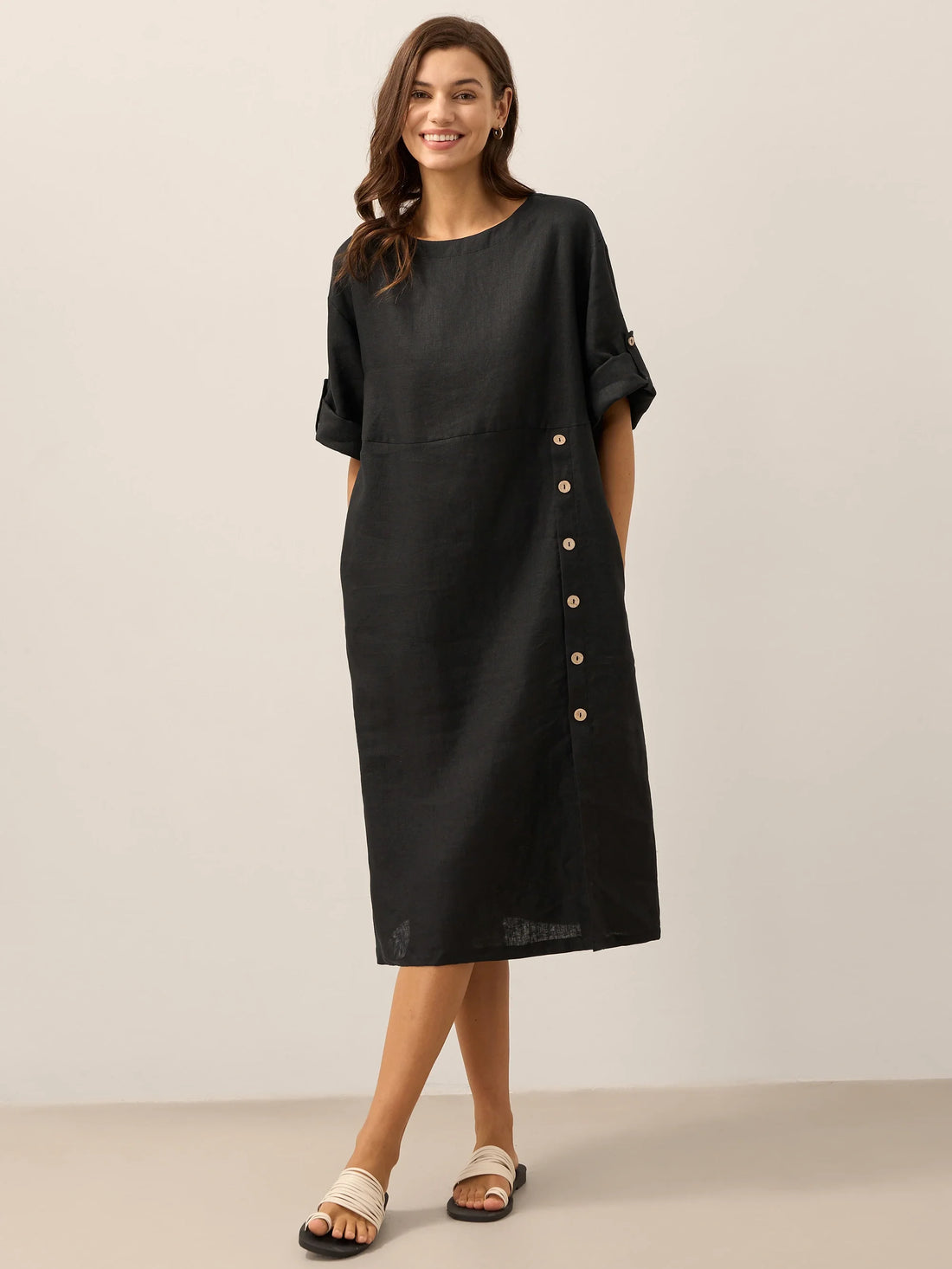 100% Linen Asymmetric Round Neck Midi Dress