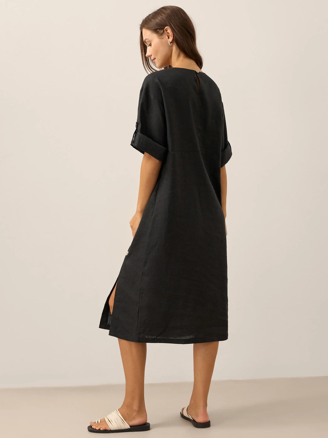 100% Linen Asymmetric Round Neck Midi Dress
