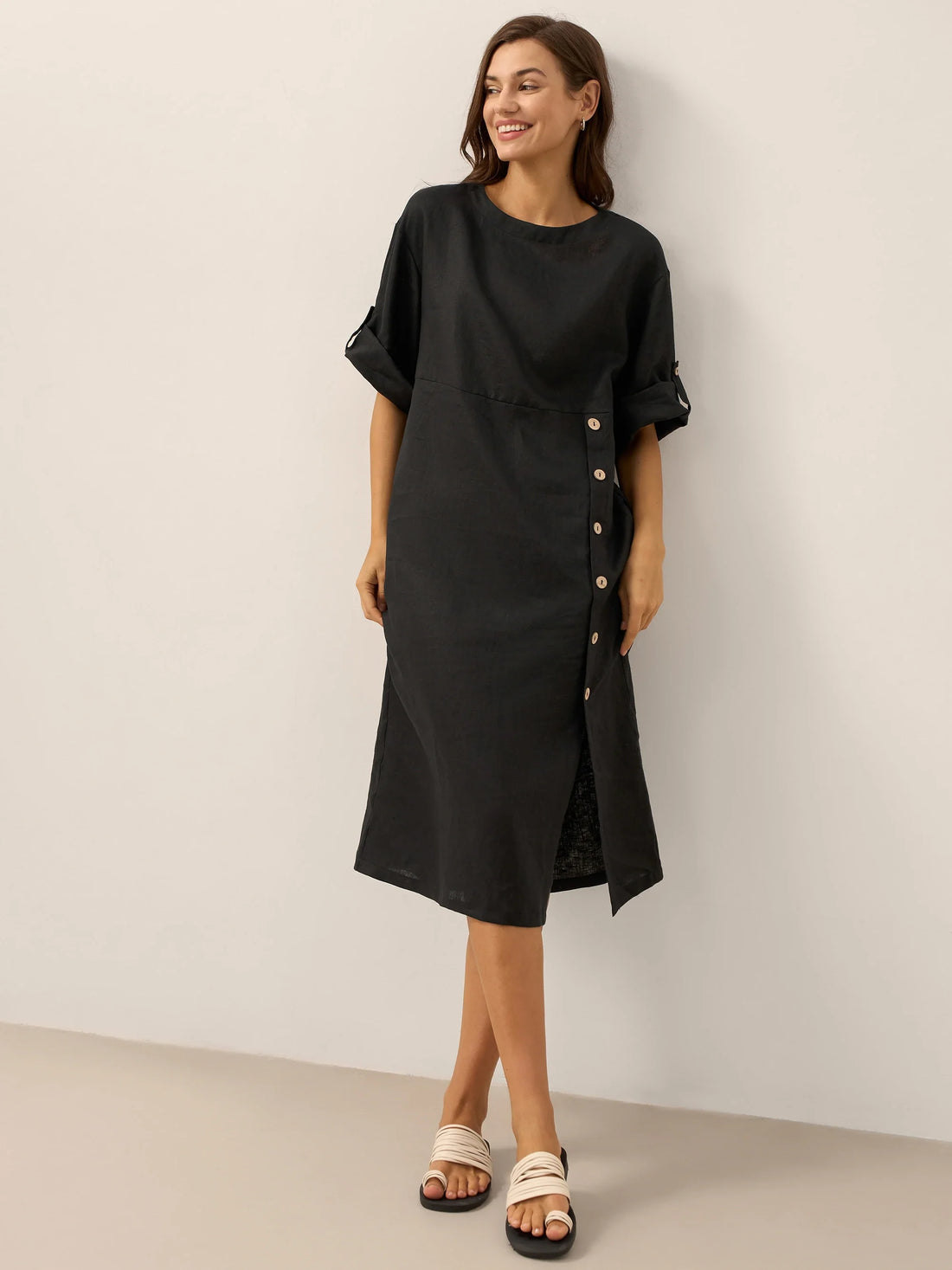 100% Linen Asymmetric Round Neck Midi Dress