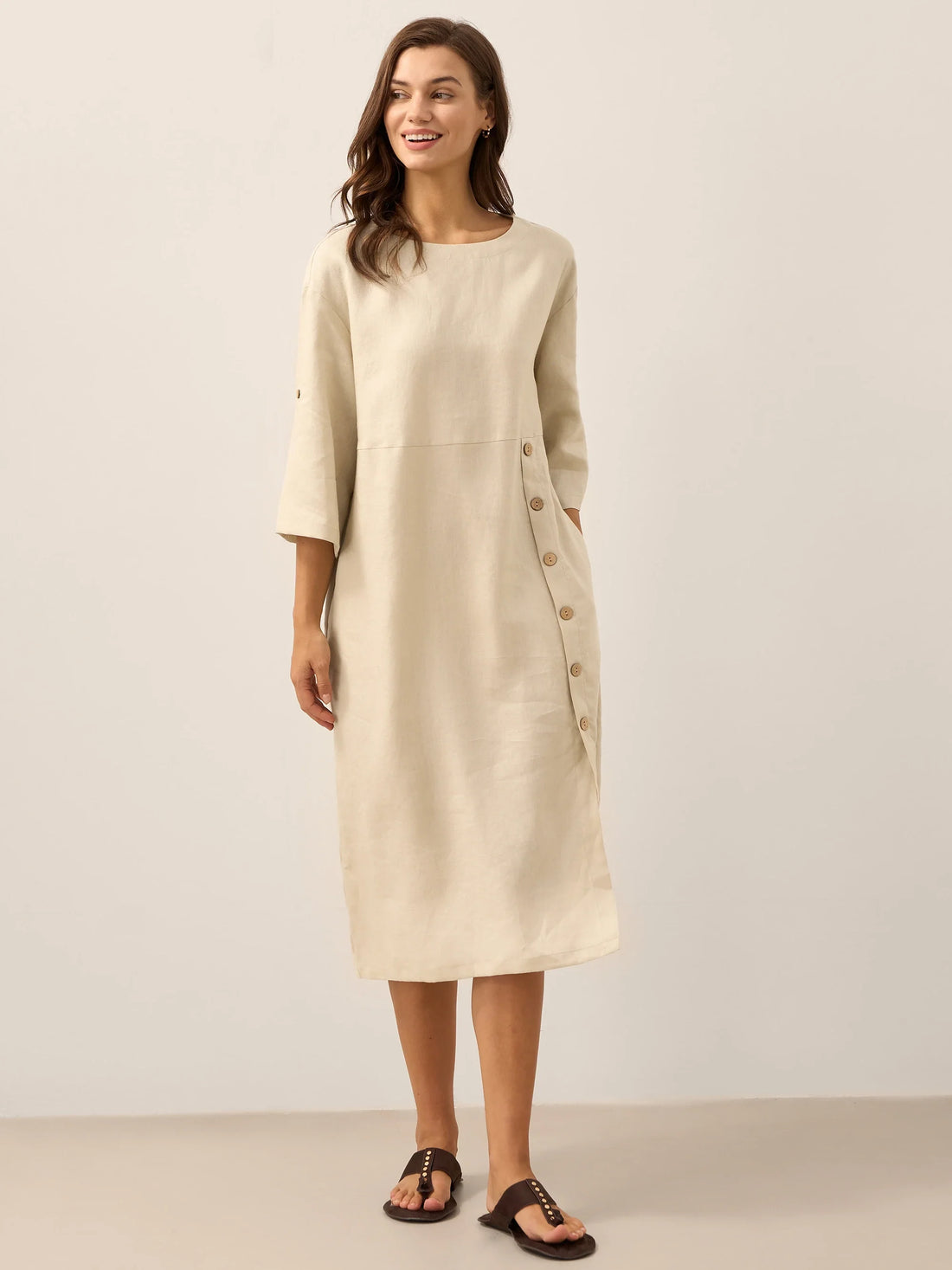 100% Linen Asymmetric Round Neck Midi Dress