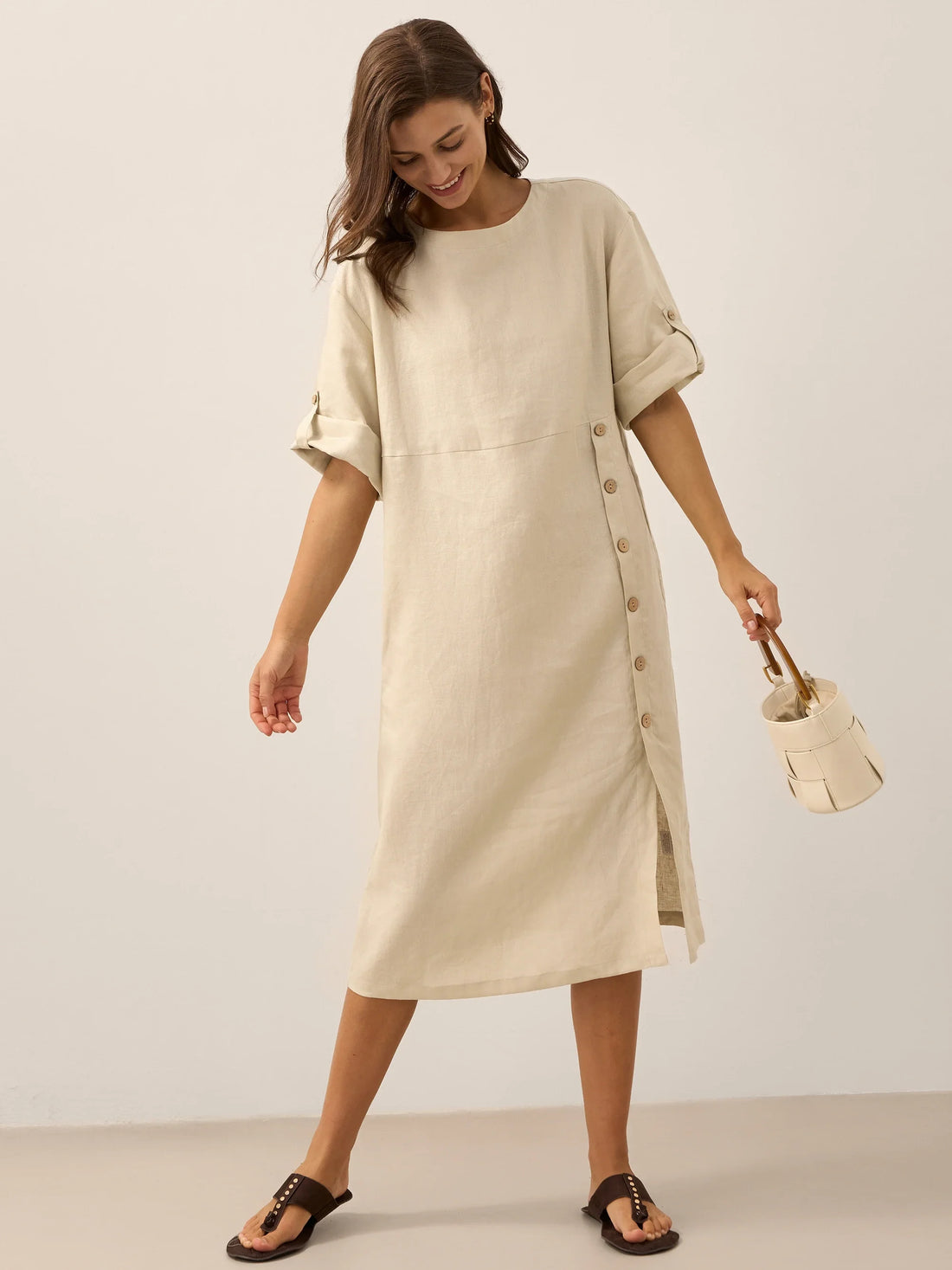 100% Linen Asymmetric Round Neck Midi Dress