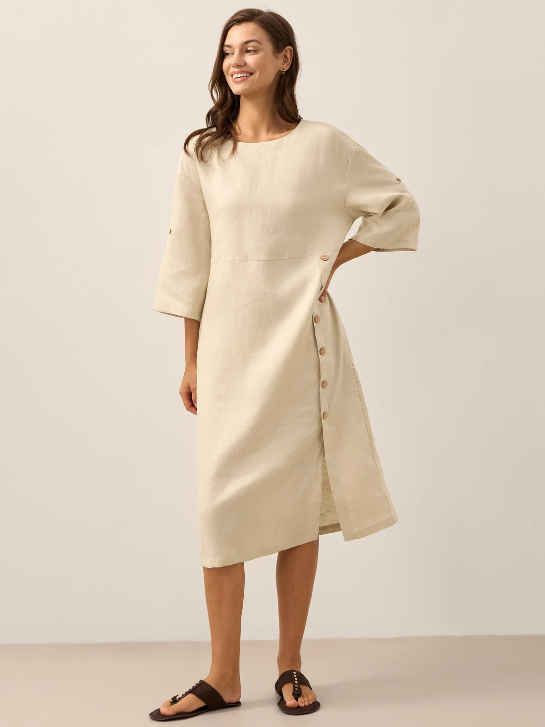 100% Linen Asymmetric Round Neck Midi Dress