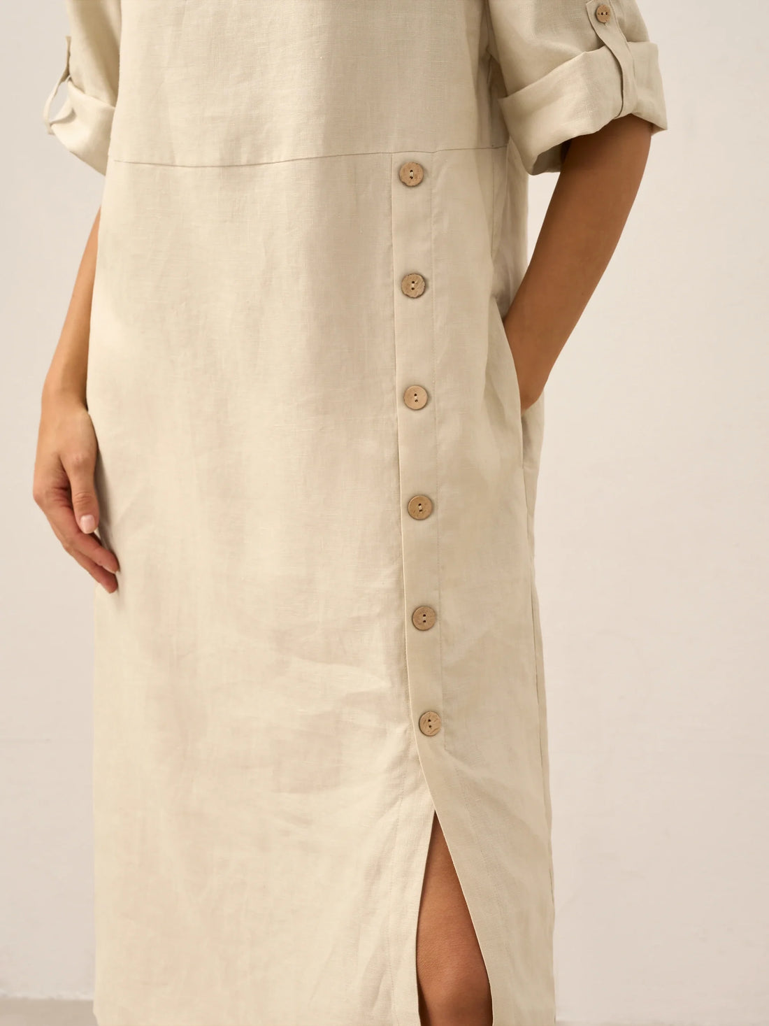 100% Linen Asymmetric Round Neck Midi Dress