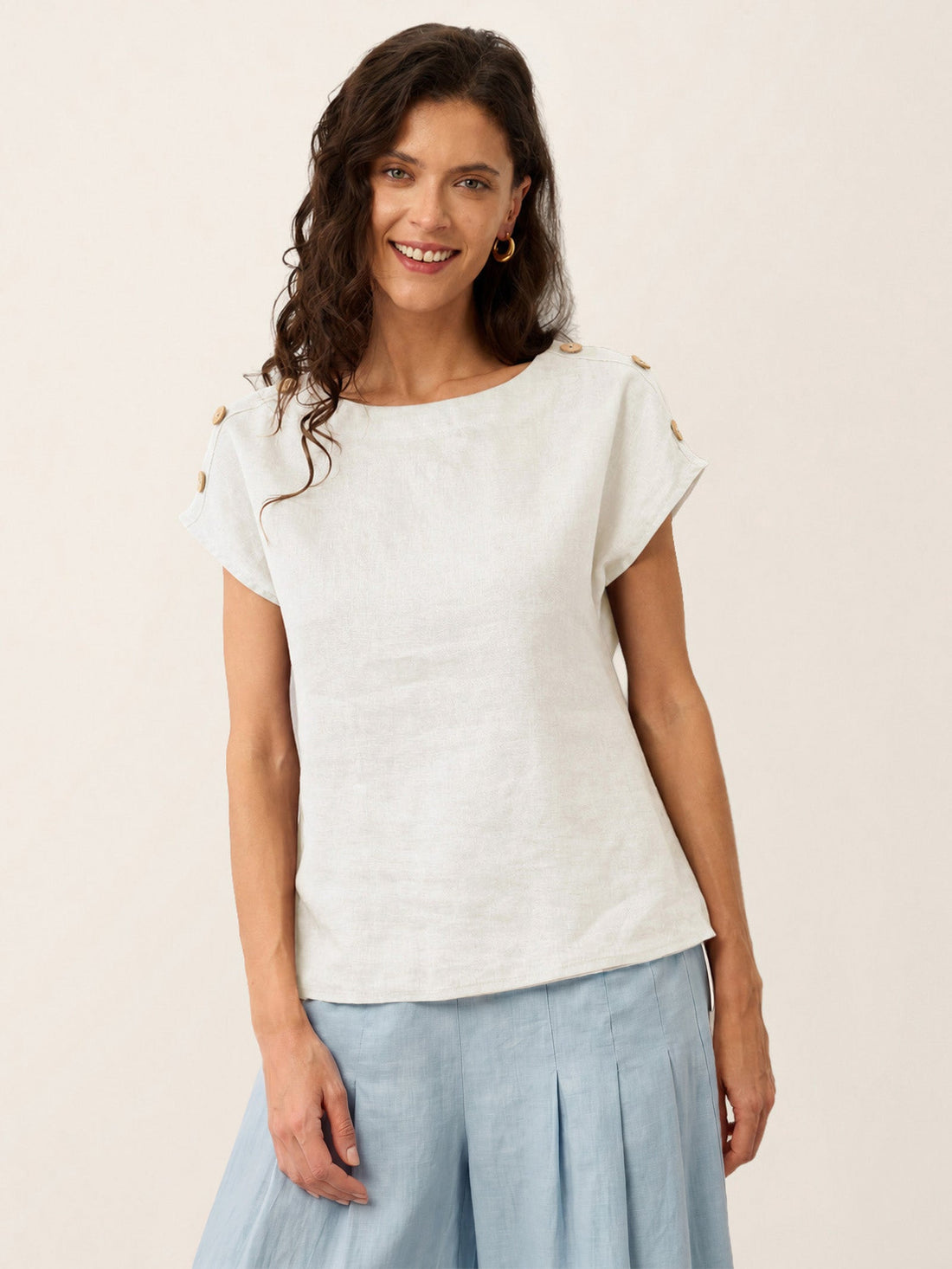 100% Linen Button Detail Round Neck Blouse