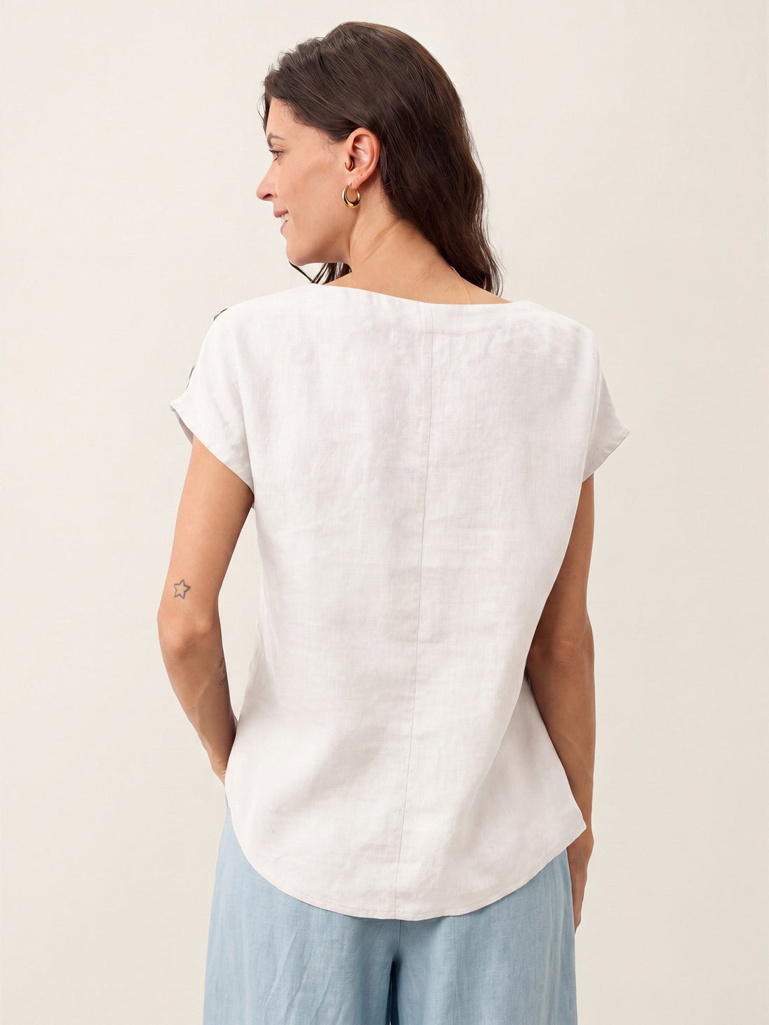 100% Linen Button Detail Round Neck Blouse