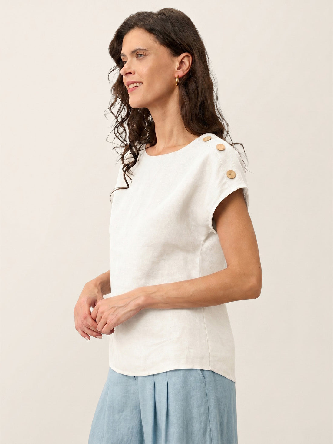 100% Linen Button Detail Round Neck Blouse