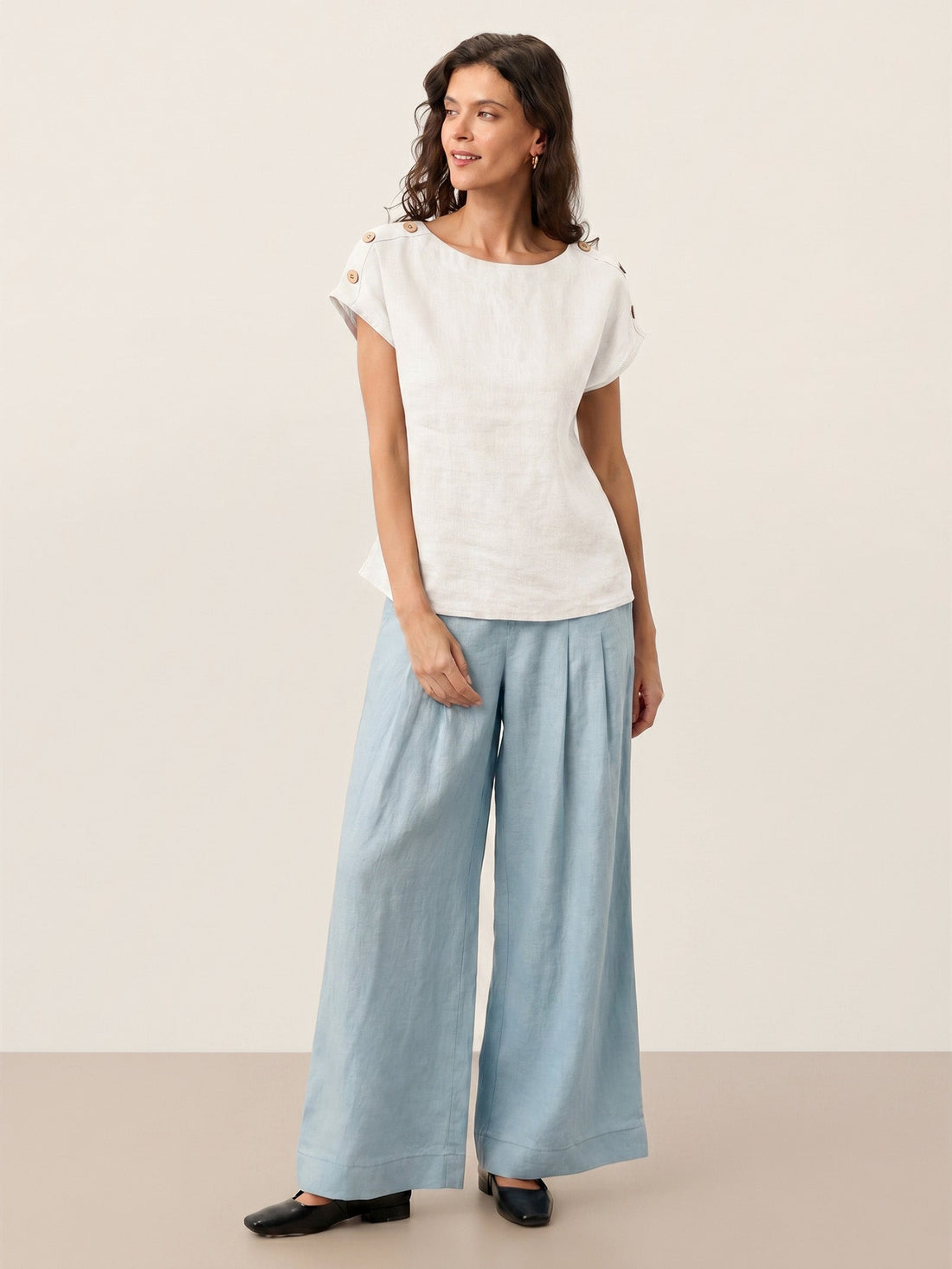 100% Linen Button Detail Round Neck Blouse