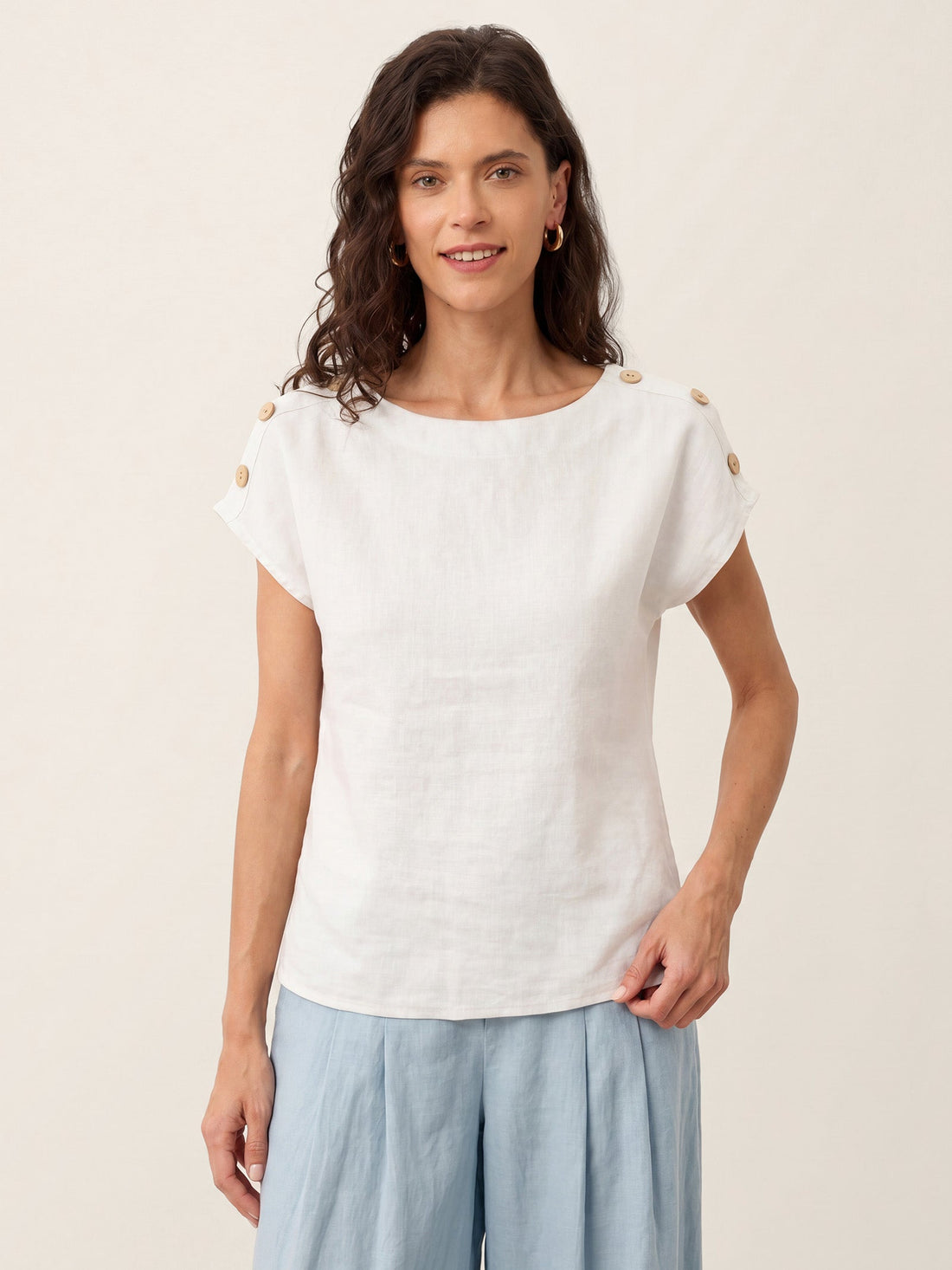 100% Linen Button Detail Round Neck Blouse