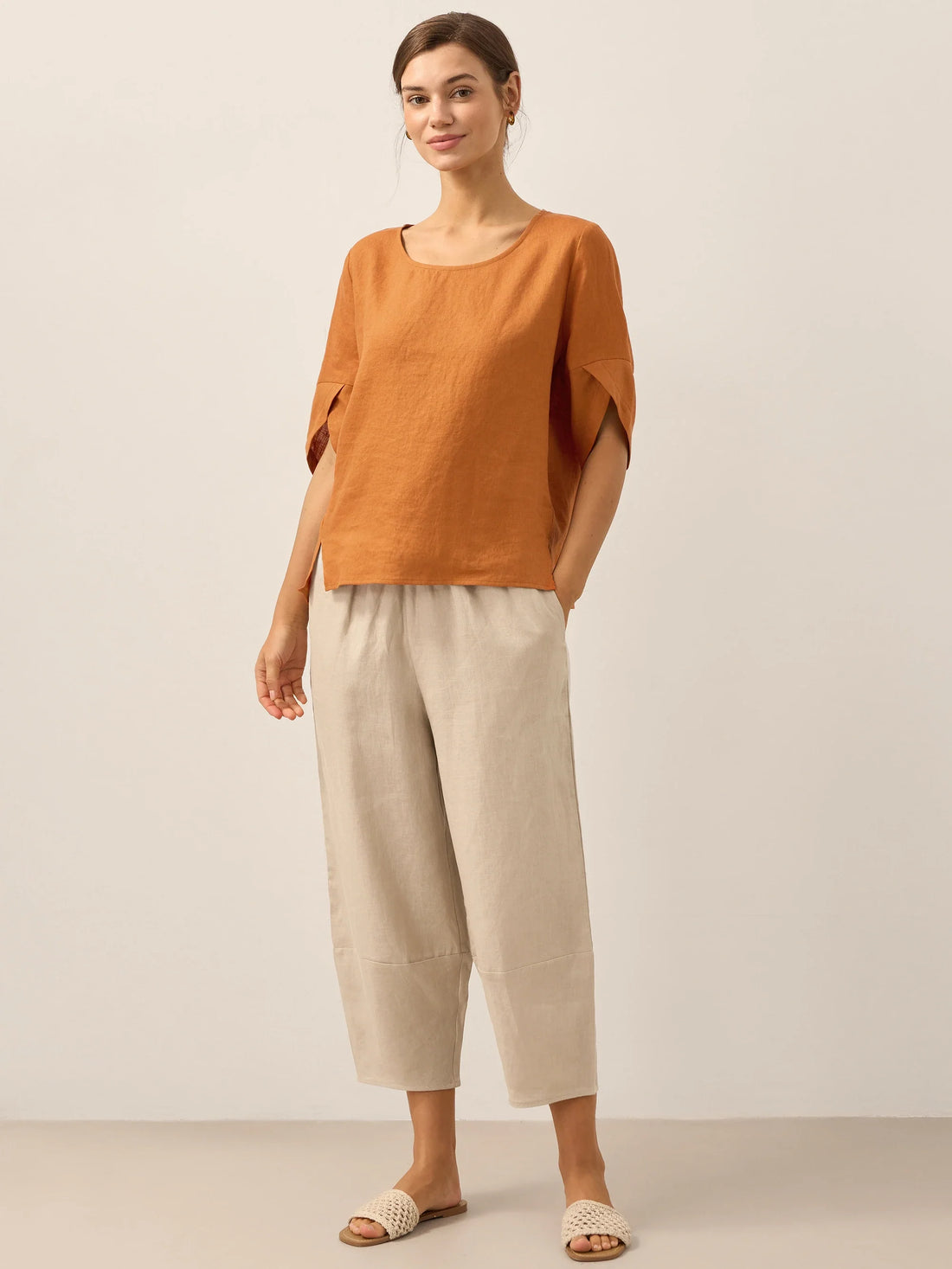100% Linen Round Neck Petal-Sleeve Pullover