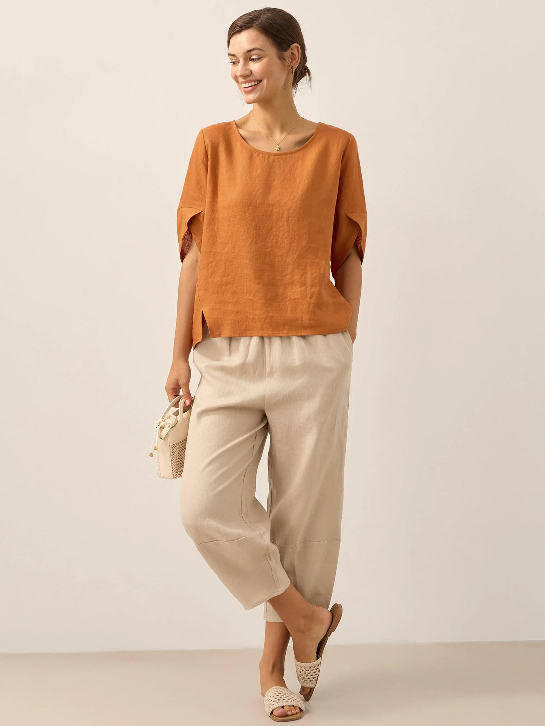 100% Linen Round Neck Petal-Sleeve Pullover