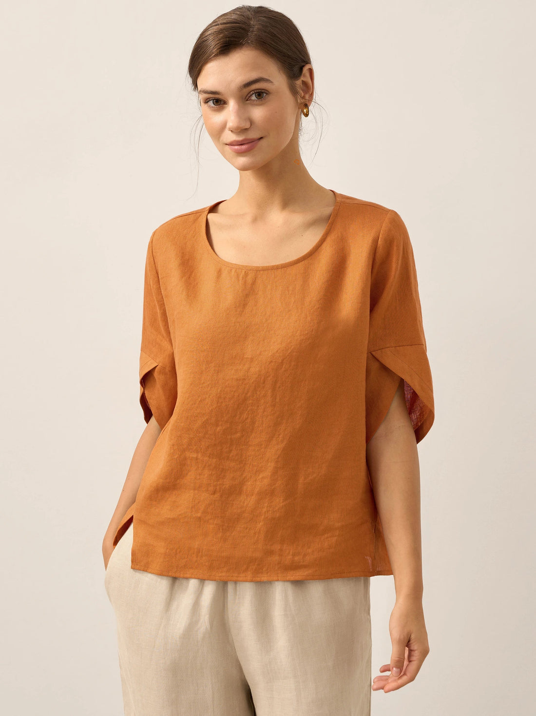 100% Linen Round Neck Petal-Sleeve Pullover
