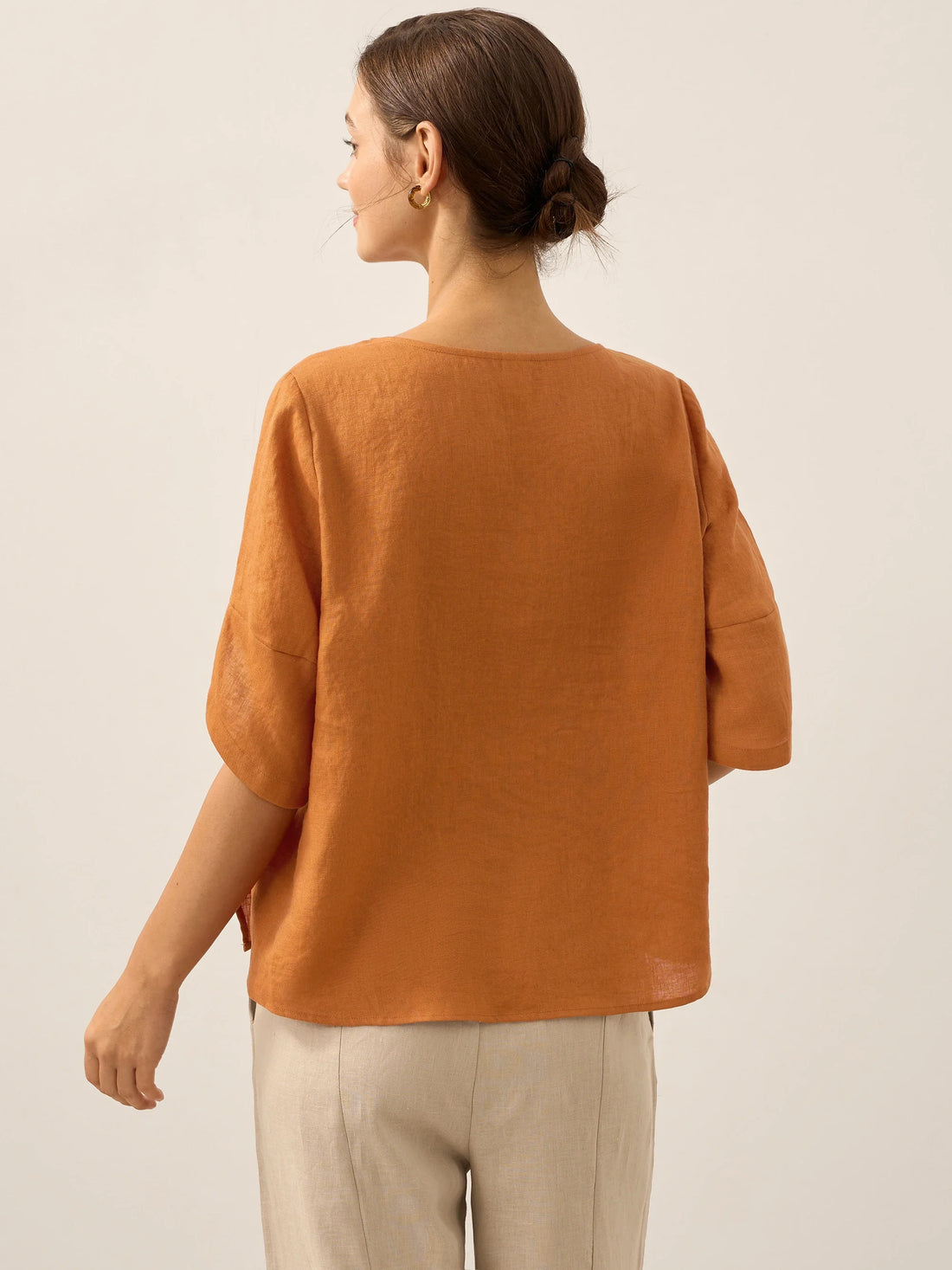 100% Linen Round Neck Petal-Sleeve Pullover