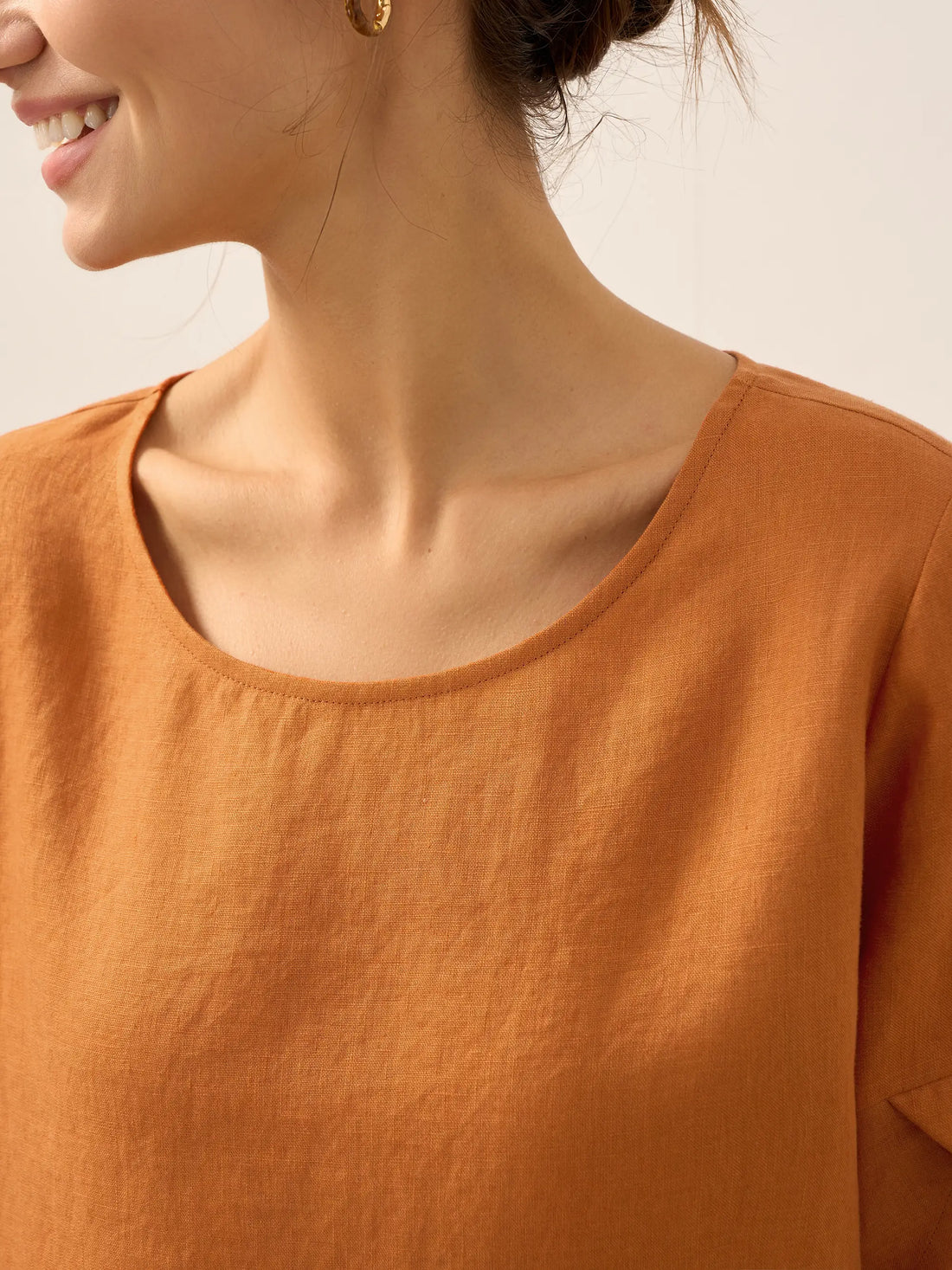 100% Linen Round Neck Petal-Sleeve Pullover