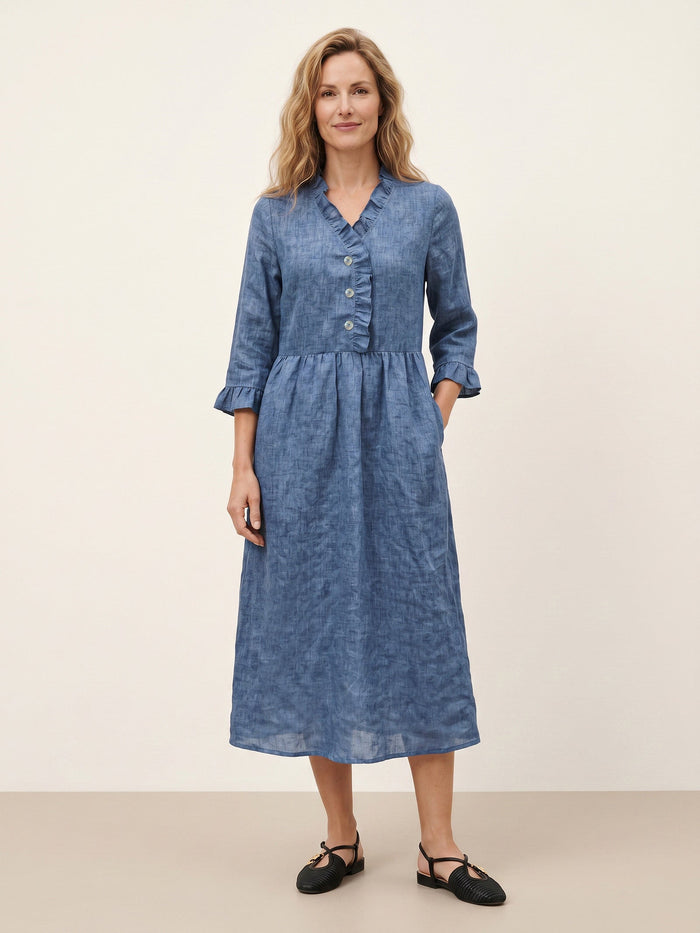 100% Linen V-Neck Midi Dress with Pockets