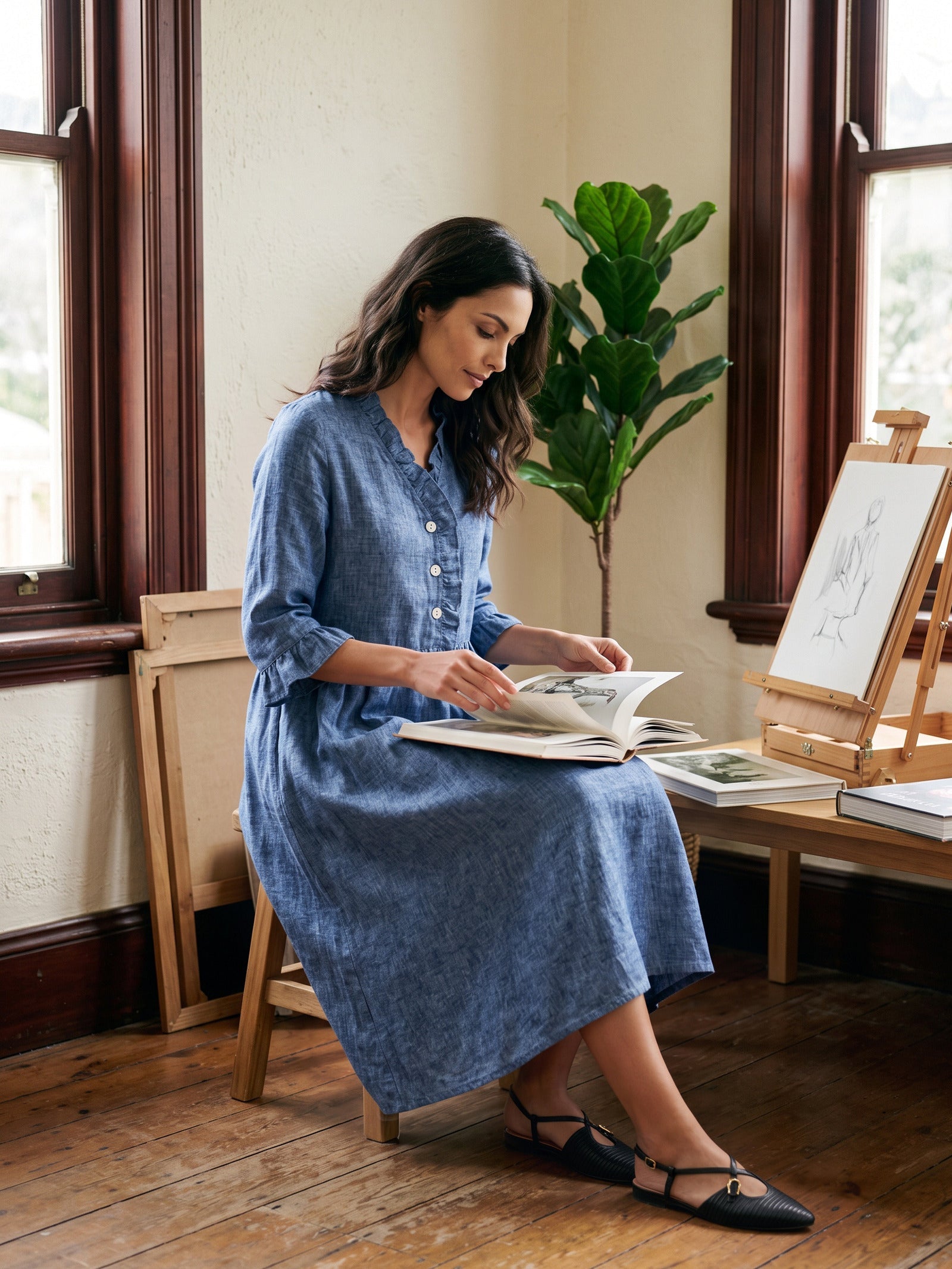 100% Linen V-Neck Midi Dress | Casuarina